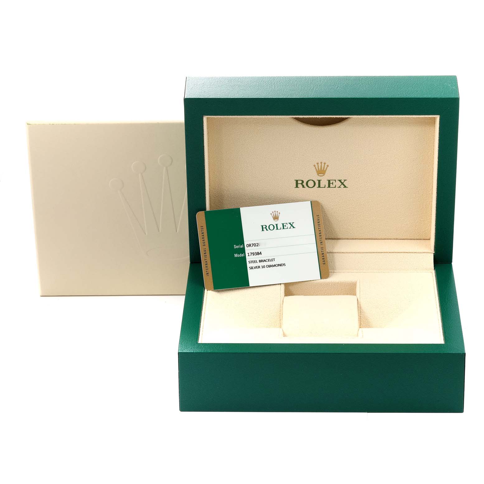 This image shows the packaging box and warranty card for the Rolex Datejust 179384 Women's Stainless Steel Silver Dial 179384 Women's Stainless Steel Silver Dial model from a front angle.