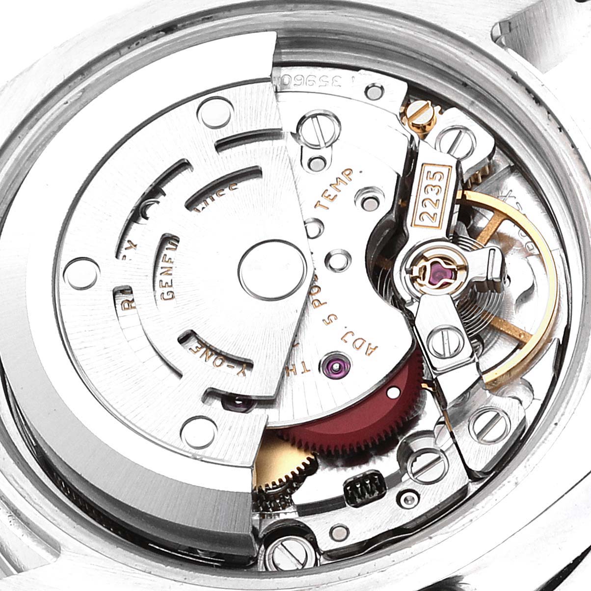 The image shows the internal mechanism of a Rolex Datejust 179384 Women's Stainless Steel Silver Dial 179384 Women's Stainless Steel Silver Dial watch, including the rotor and various gears.