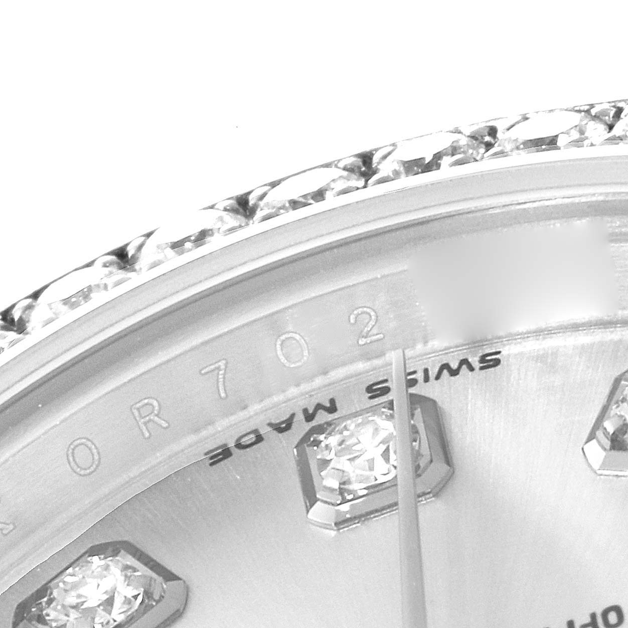 The image shows a close-up of the Rolex Datejust 179384 Women's Stainless Steel Silver Dial 179384 Women's Stainless Steel Silver Dial watch's dial, including diamond hour markers and part of the bezel.