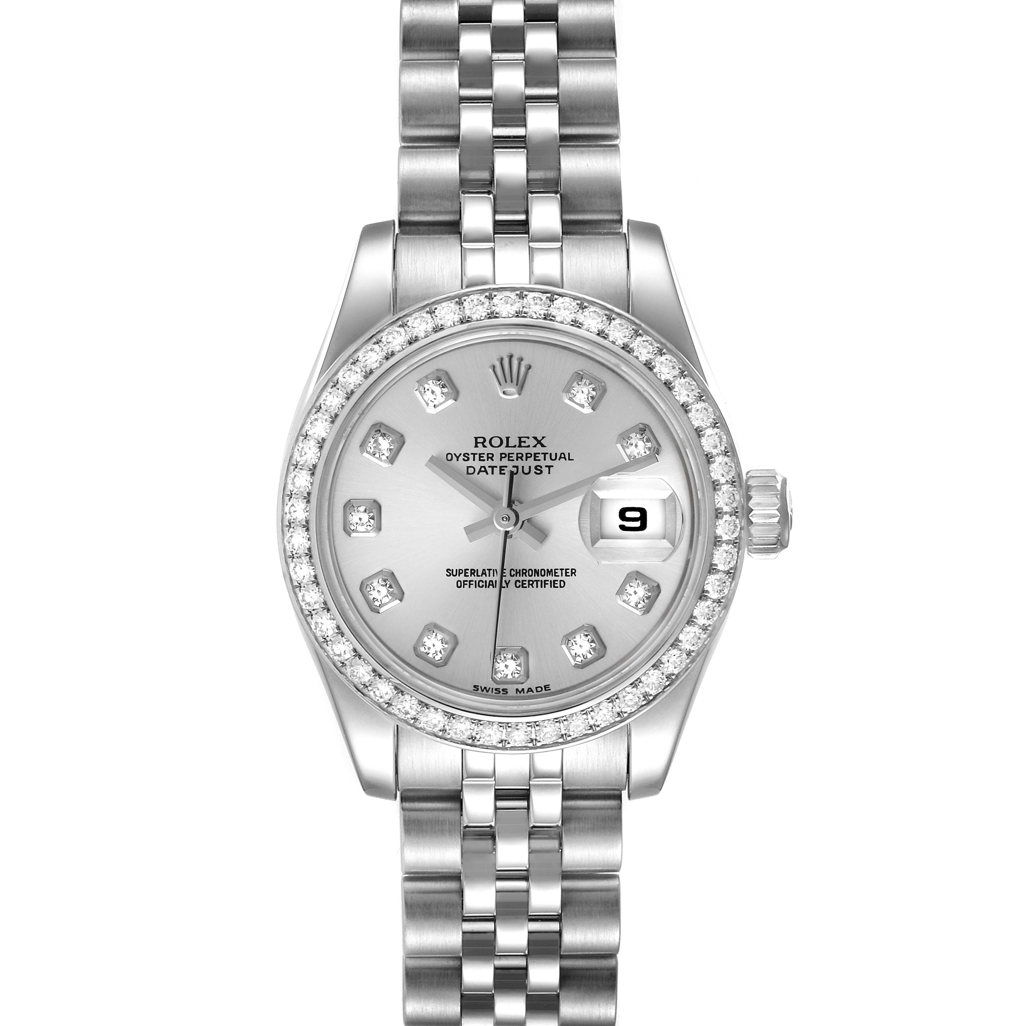 The Rolex Datejust 179384 Women's Stainless Steel Silver Dial 179384 Women's Stainless Steel Silver Dial watch is shown from a top-down angle, displaying its face, bezel, crown, and bracelet.