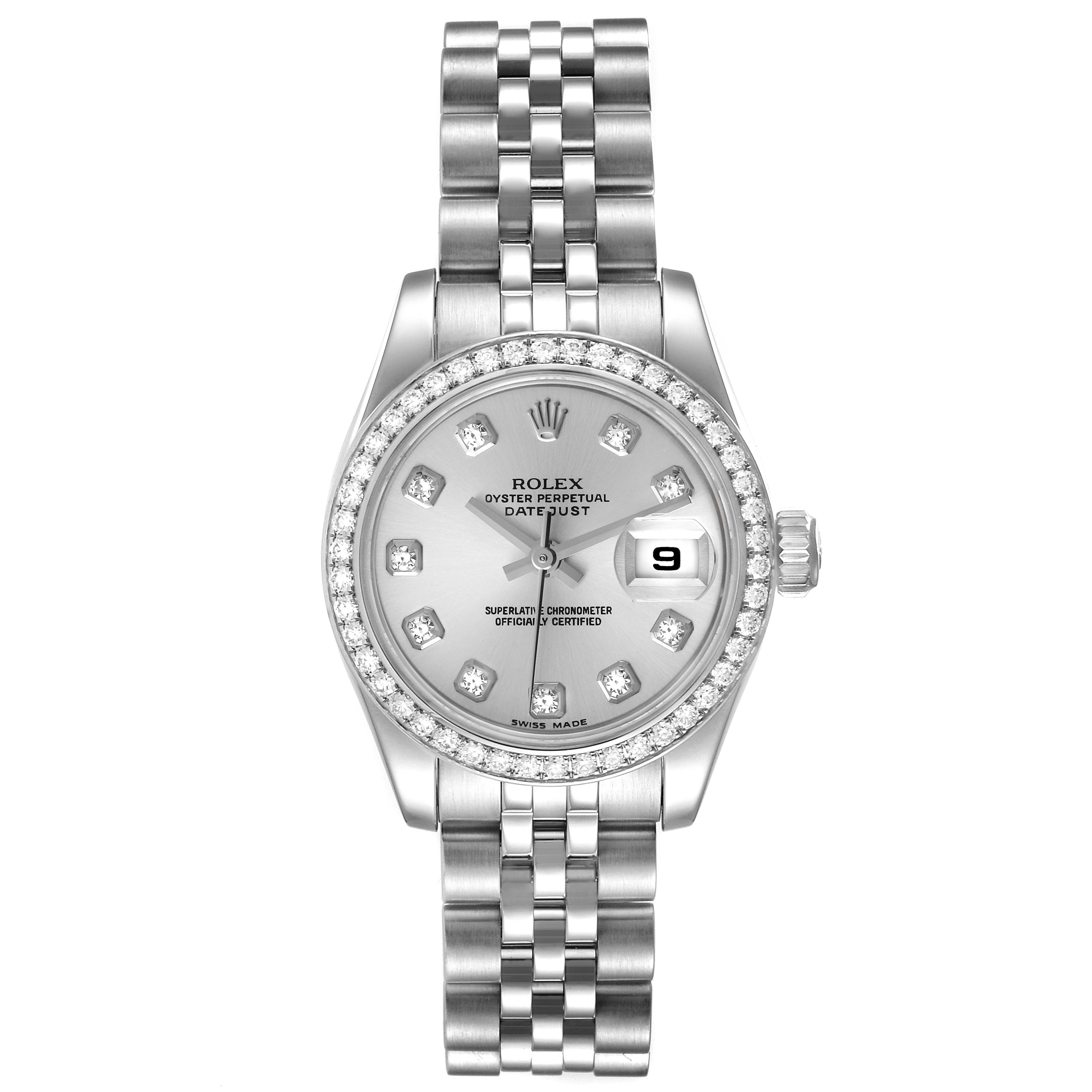 This image shows a Rolex Datejust 179384 Women's Stainless Steel Silver Dial 179384 Women's Stainless Steel Silver Dial watch from a top-down angle, highlighting the dial, bracelet, and diamond bezel.