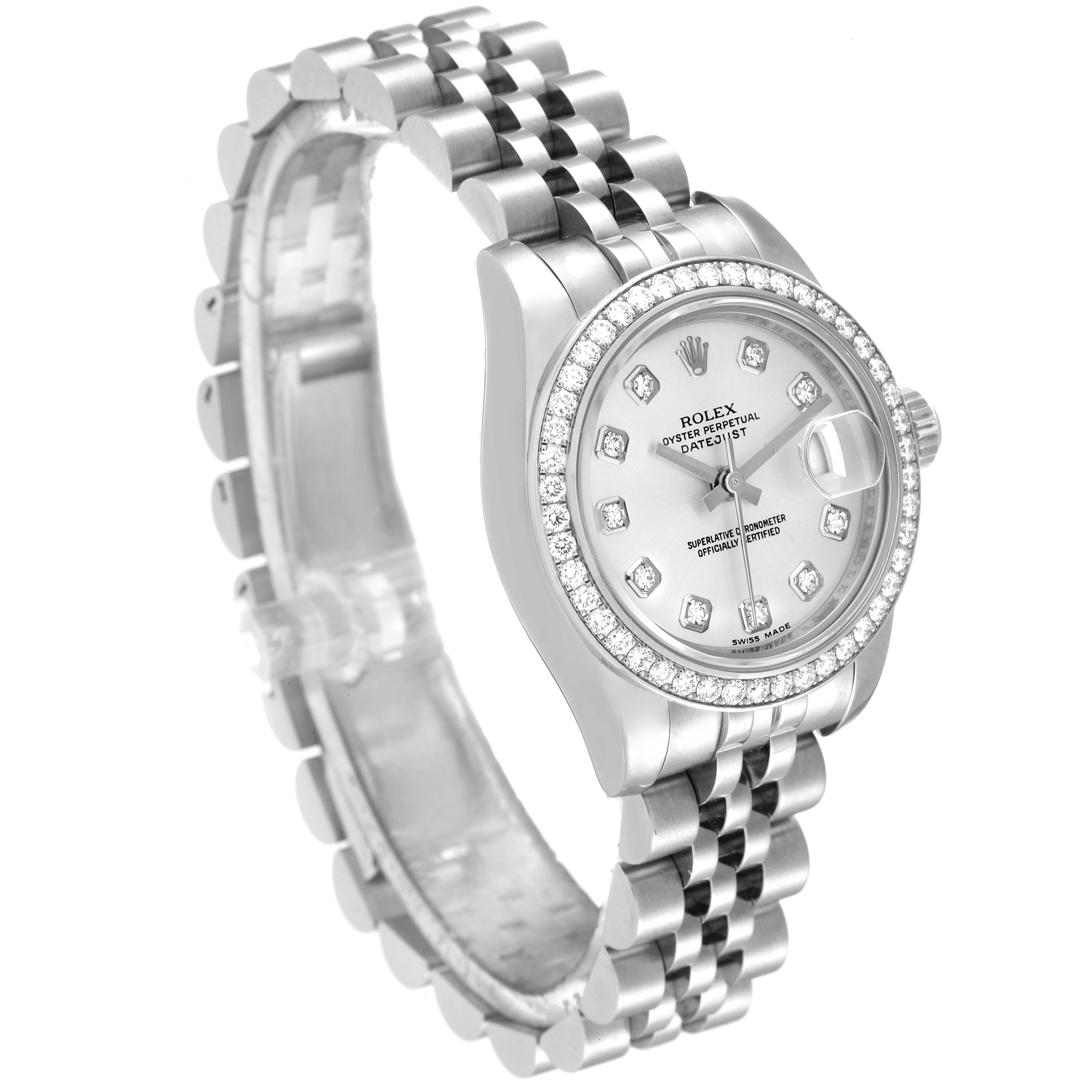 The image shows a Rolex Datejust 179384 Women's Stainless Steel Silver Dial 179384 Women's Stainless Steel Silver Dial watch from a front-side angle, highlighting the diamond-studded bezel and bracelet.