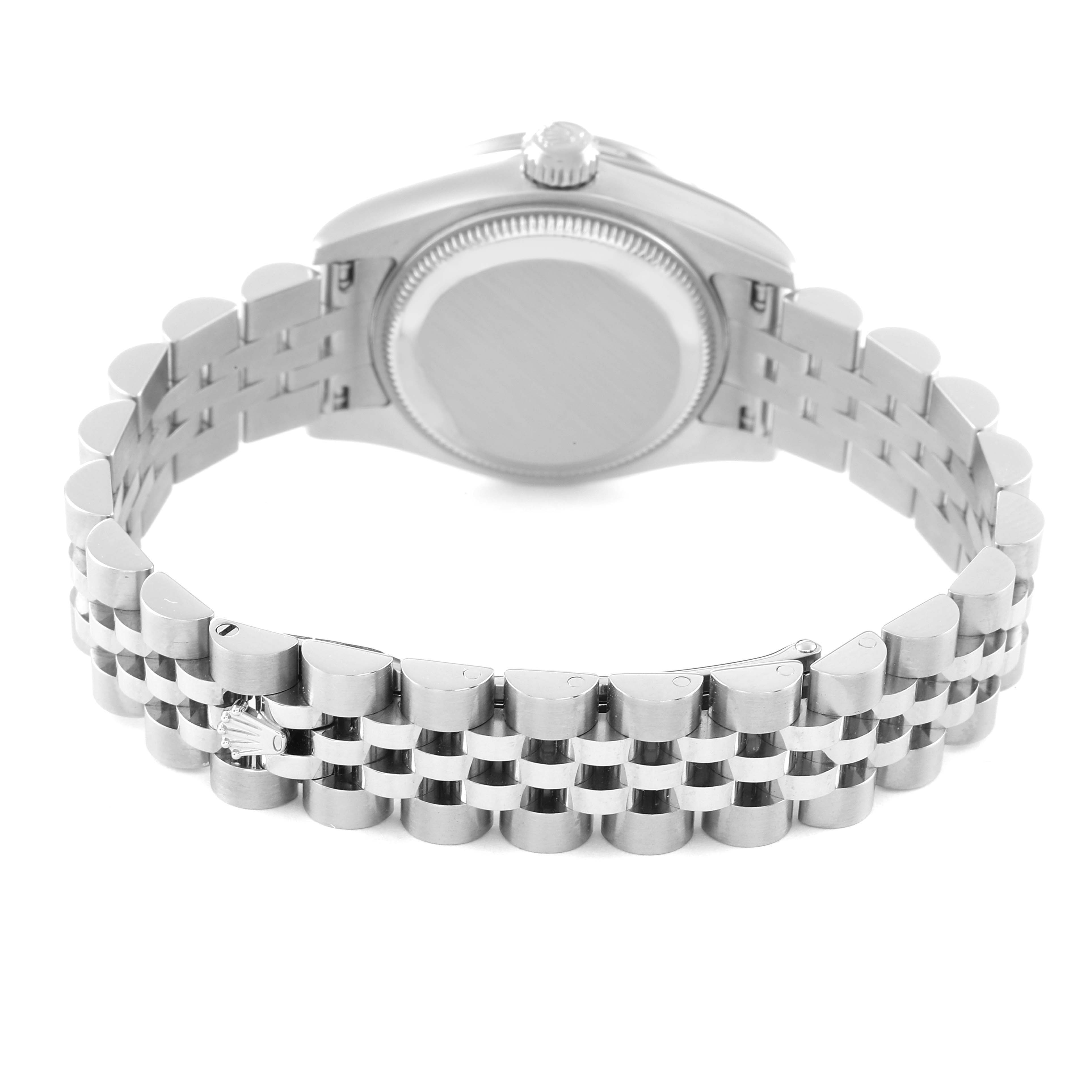 The image shows the back view of a Rolex Datejust 179384 Women's Stainless Steel Silver Dial 179384 Women's Stainless Steel Silver Dial watch, displaying its case back and Jubilee bracelet.