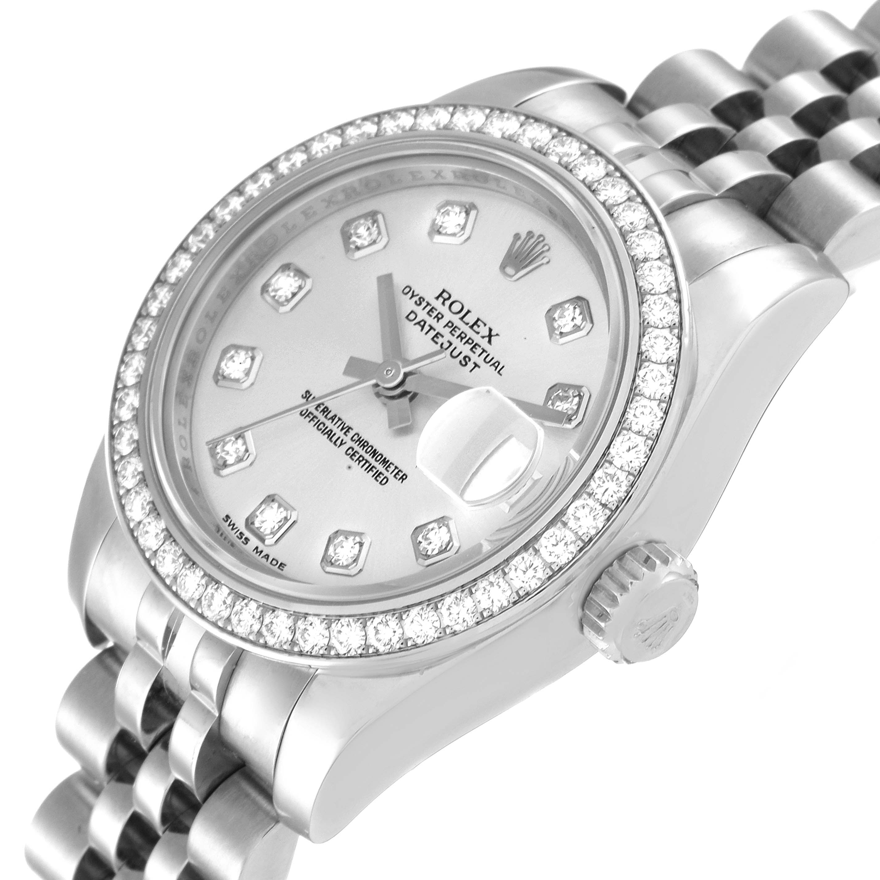 This image shows a partial side view of a Rolex Datejust 179384 Women's Stainless Steel Silver Dial 179384 Women's Stainless Steel Silver Dial watch, highlighting the face, bezel, and part of the bracelet.