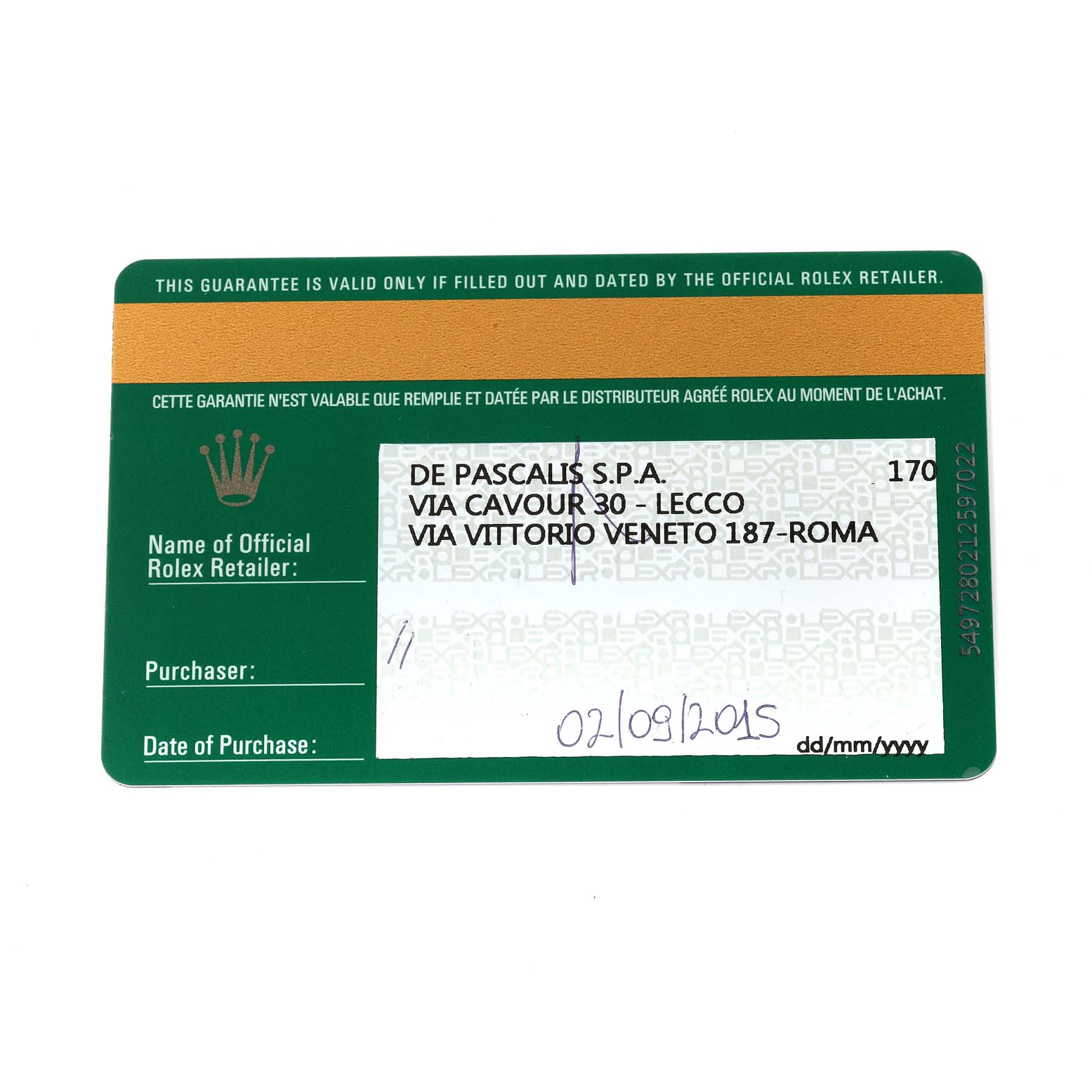 This image shows the warranty card for the Rolex Datejust 179384 Women's Stainless Steel Silver Dial 179384 Women's Stainless Steel Silver Dial model from an official retailer.