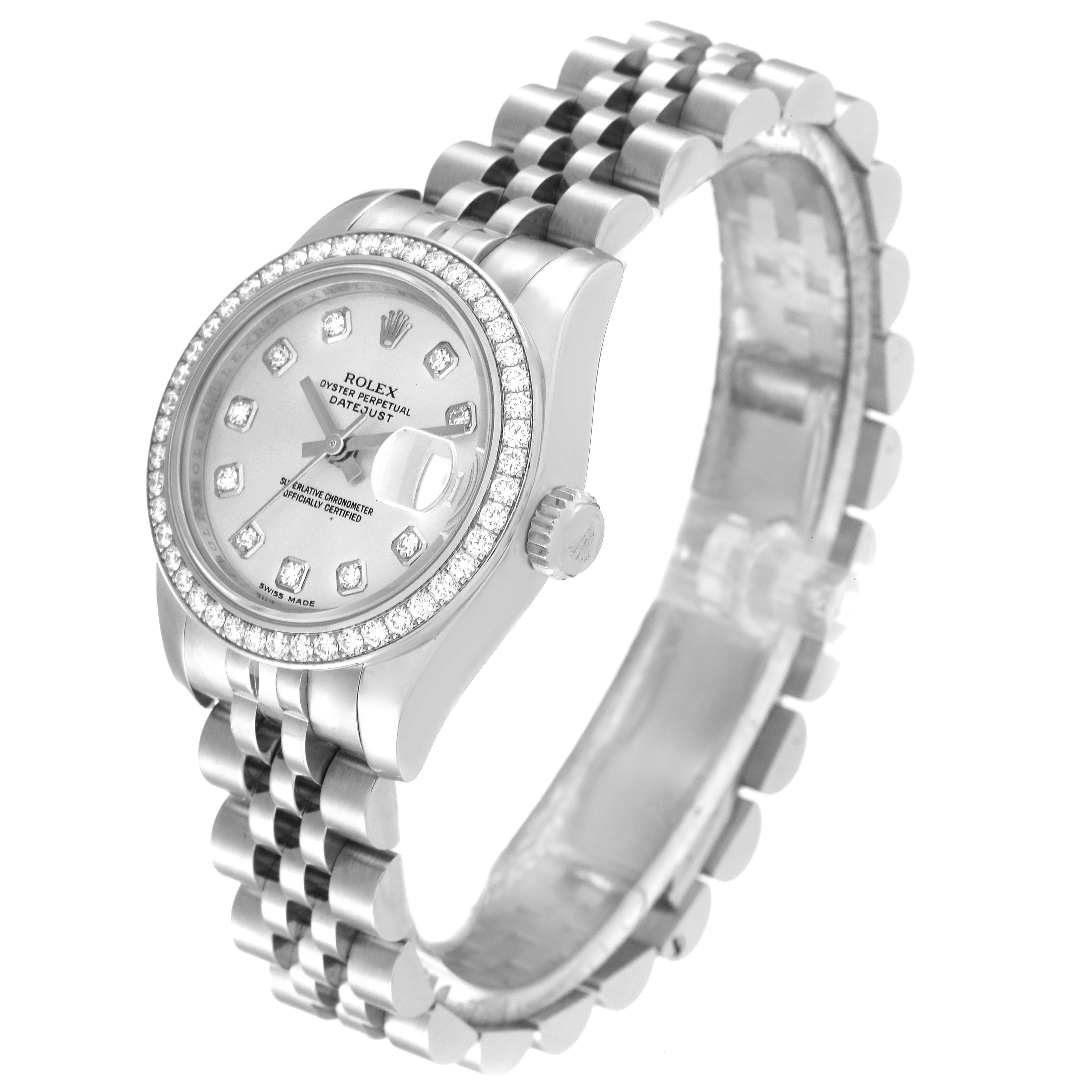 The image shows a Rolex Datejust 179384 Women's Stainless Steel Silver Dial 179384 Women's Stainless Steel Silver Dial watch at an angle highlighting the face, bezel, crown, and bracelet.