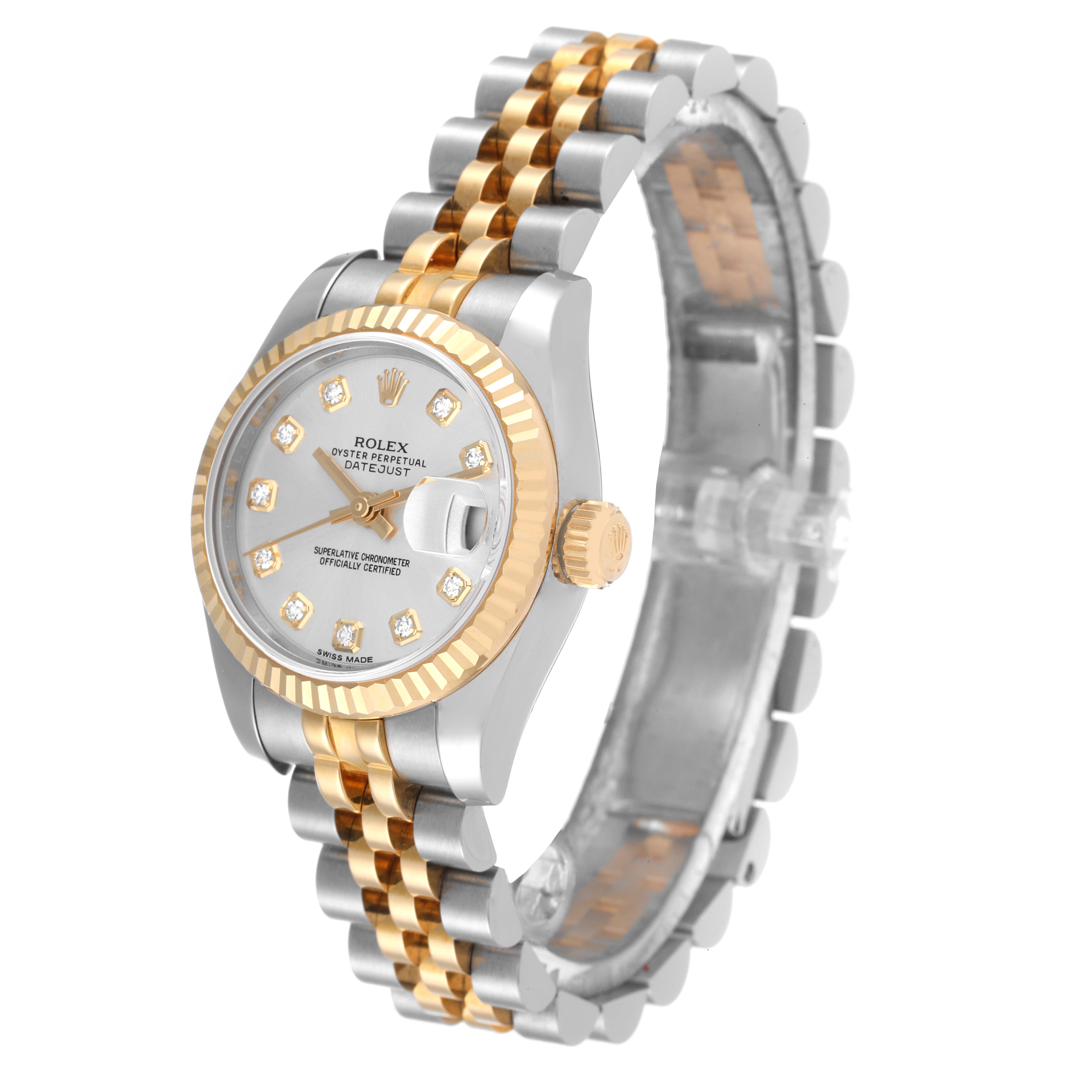 The image shows a Rolex Datejust 179173 Women's Steel and Gold (two tone) Silver Dial 179173 Women's Steel and Gold (two tone) Silver Dial watch at a three-quarter angle, highlighting the dial, bezel, and two-tone bracelet.