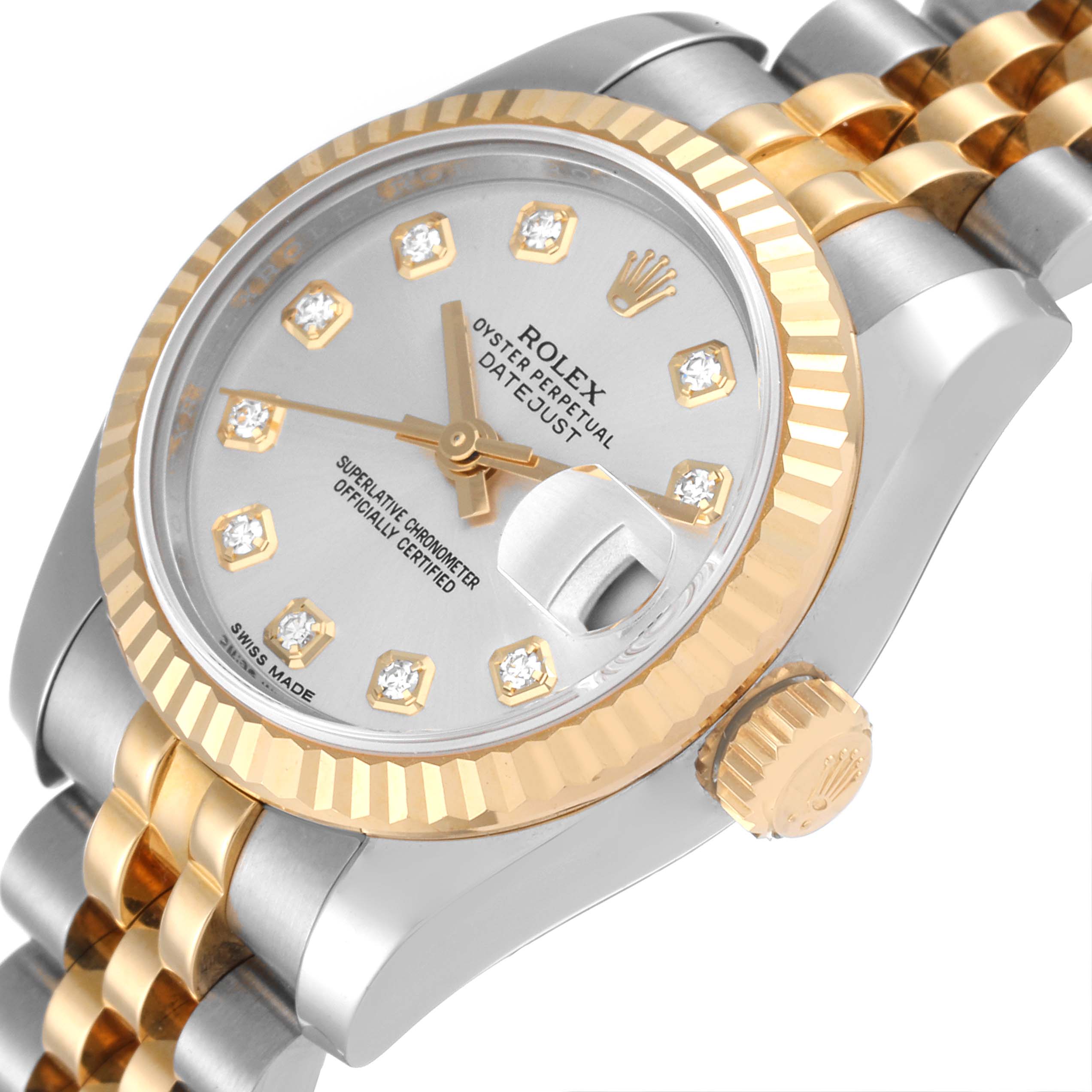 The image shows a close-up, angled view of the Rolex Datejust 179173 Women's Steel and Gold (two tone) Silver Dial 179173 Women's Steel and Gold (two tone) Silver Dial watch, featuring its dial, fluted bezel, crown, and part of its two-tone bracelet.