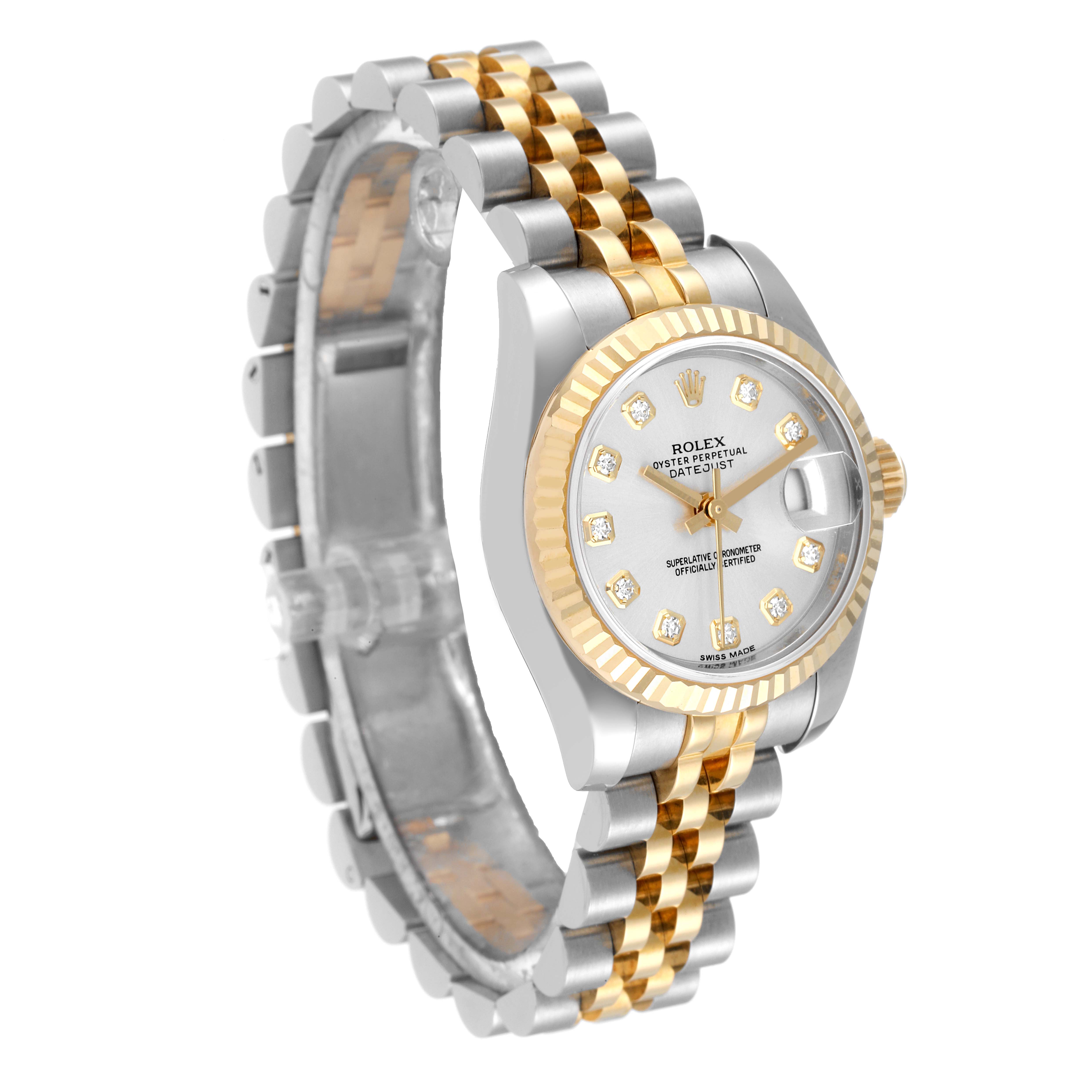 The image shows a Rolex Datejust 179173 Women's Steel and Gold (two tone) Silver Dial 179173 Women's Steel and Gold (two tone) Silver Dial watch at a three-quarter angle, highlighting the dial, bezel, and two-tone bracelet.