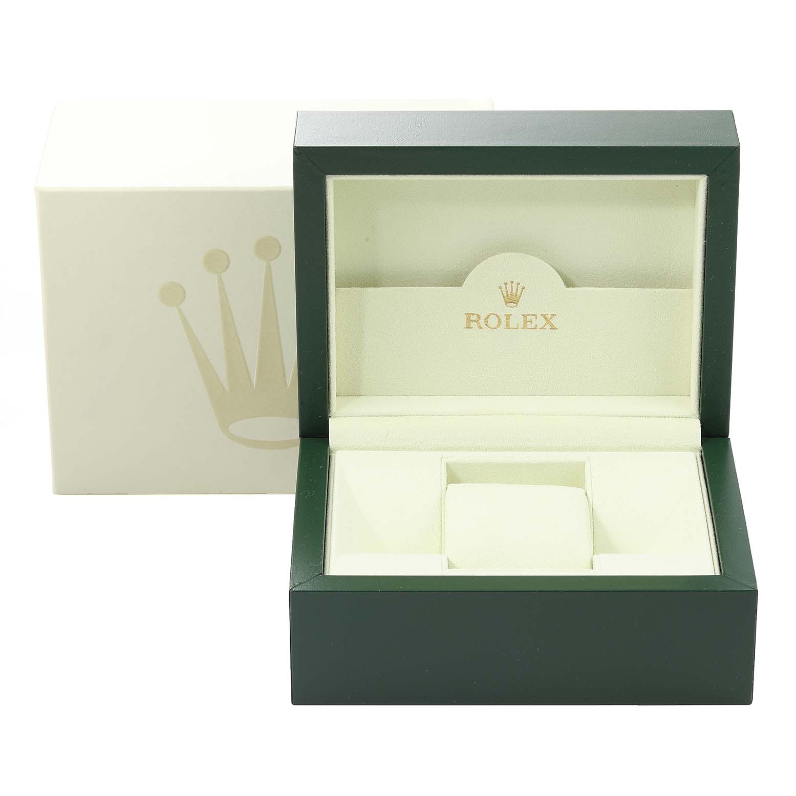 The image shows an open Rolex Datejust 179173 Women's Steel and Gold (two tone) Silver Dial 179173 Women's Steel and Gold (two tone) Silver Dial watch box with a white and green exterior and interior padding.