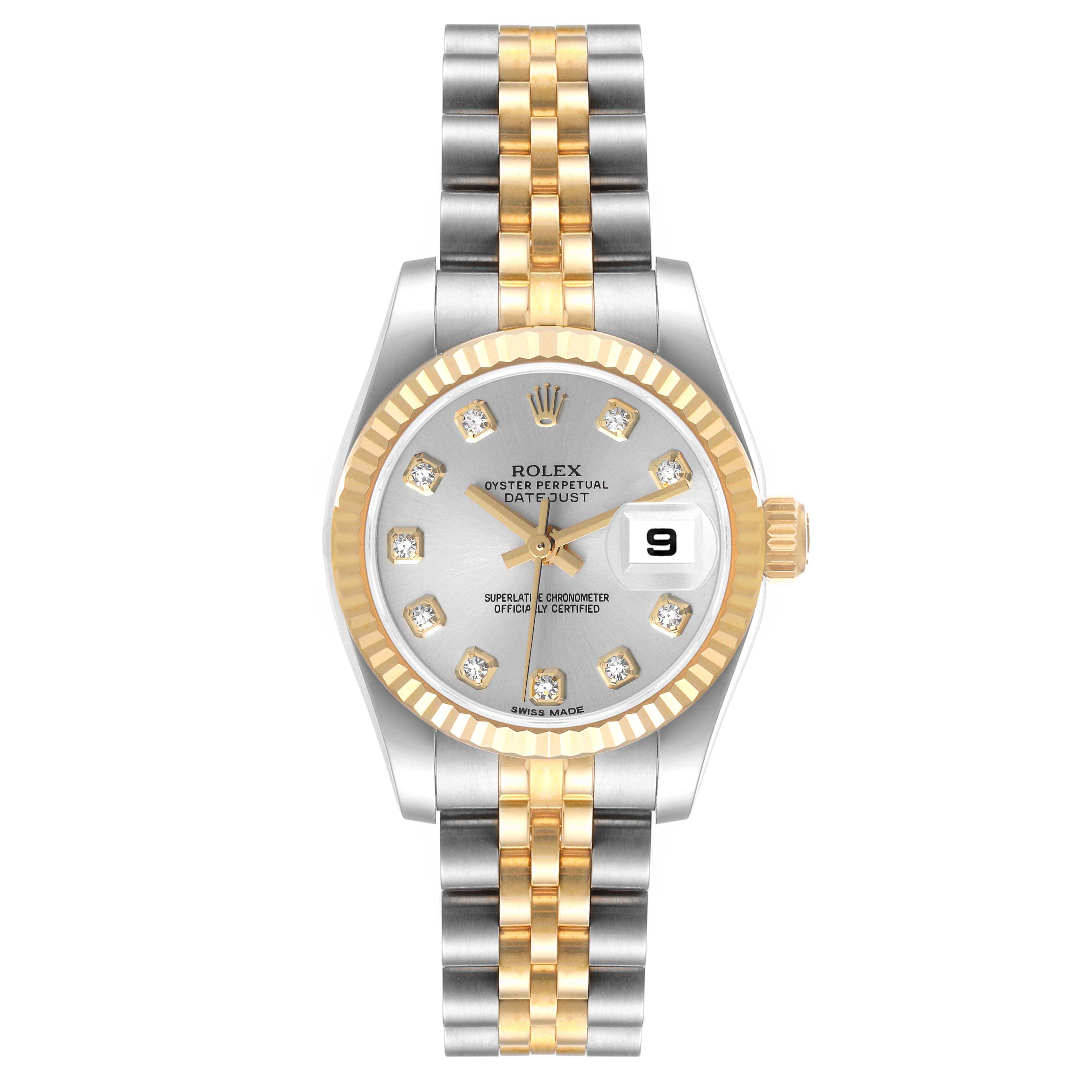 The image shows a front view of the Rolex Datejust 179173 Women's Steel and Gold (two tone) Silver Dial 179173 Women's Steel and Gold (two tone) Silver Dial watch, highlighting its dial, bezel, bracelet, hands, and date window.
