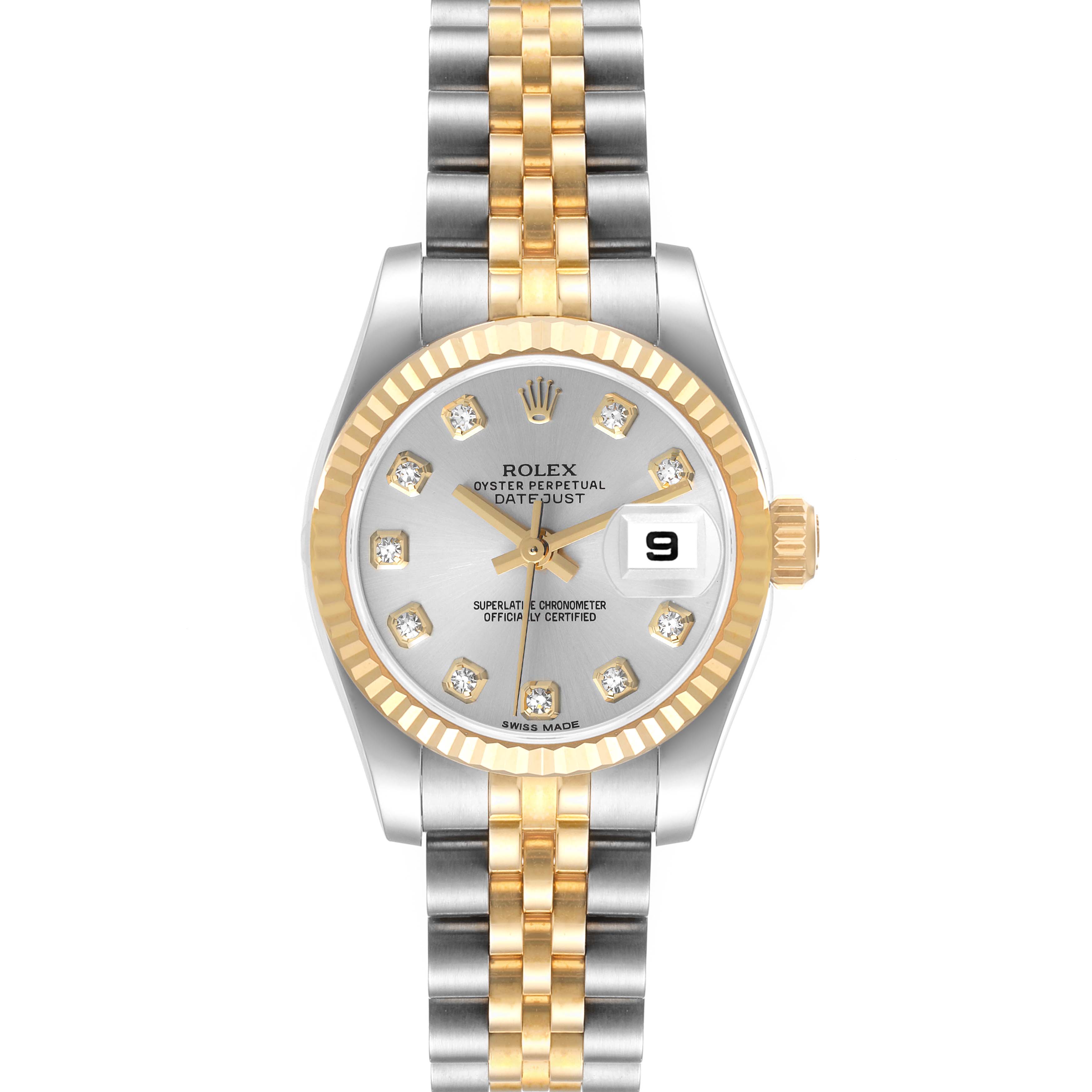 This aerial view image shows the face, dial, bezel, hands, and bracelet of the Rolex Datejust 179173 Women's Steel and Gold (two tone) Silver Dial 179173 Women's Steel and Gold (two tone) Silver Dial watch.