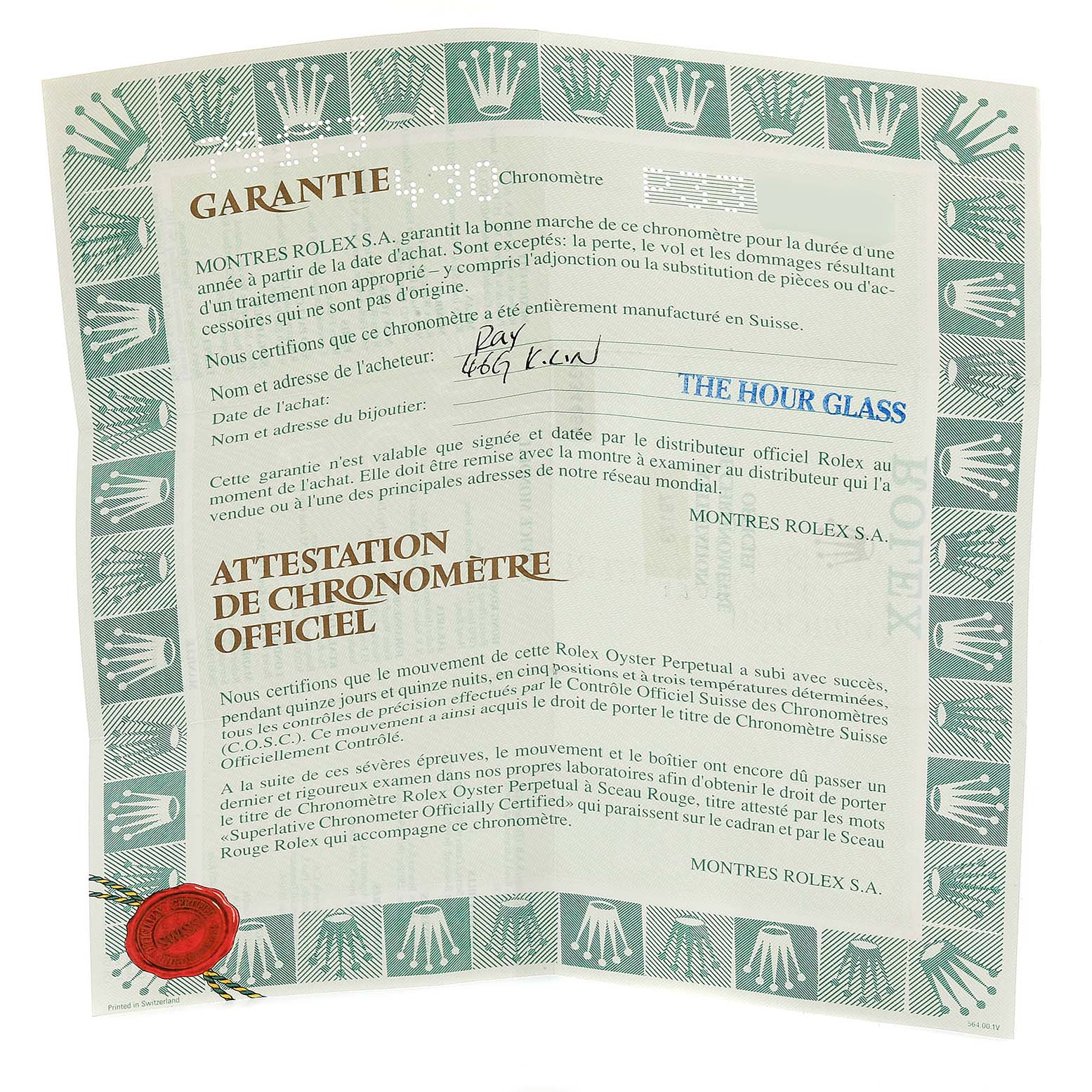 This image shows the official warranty and chronometer certification document for the Rolex Datejust 79173 Women
s Steel and Gold (two tone) Grey Dial 79173 Women
s Steel and Gold (two tone) Grey Dial watch model.