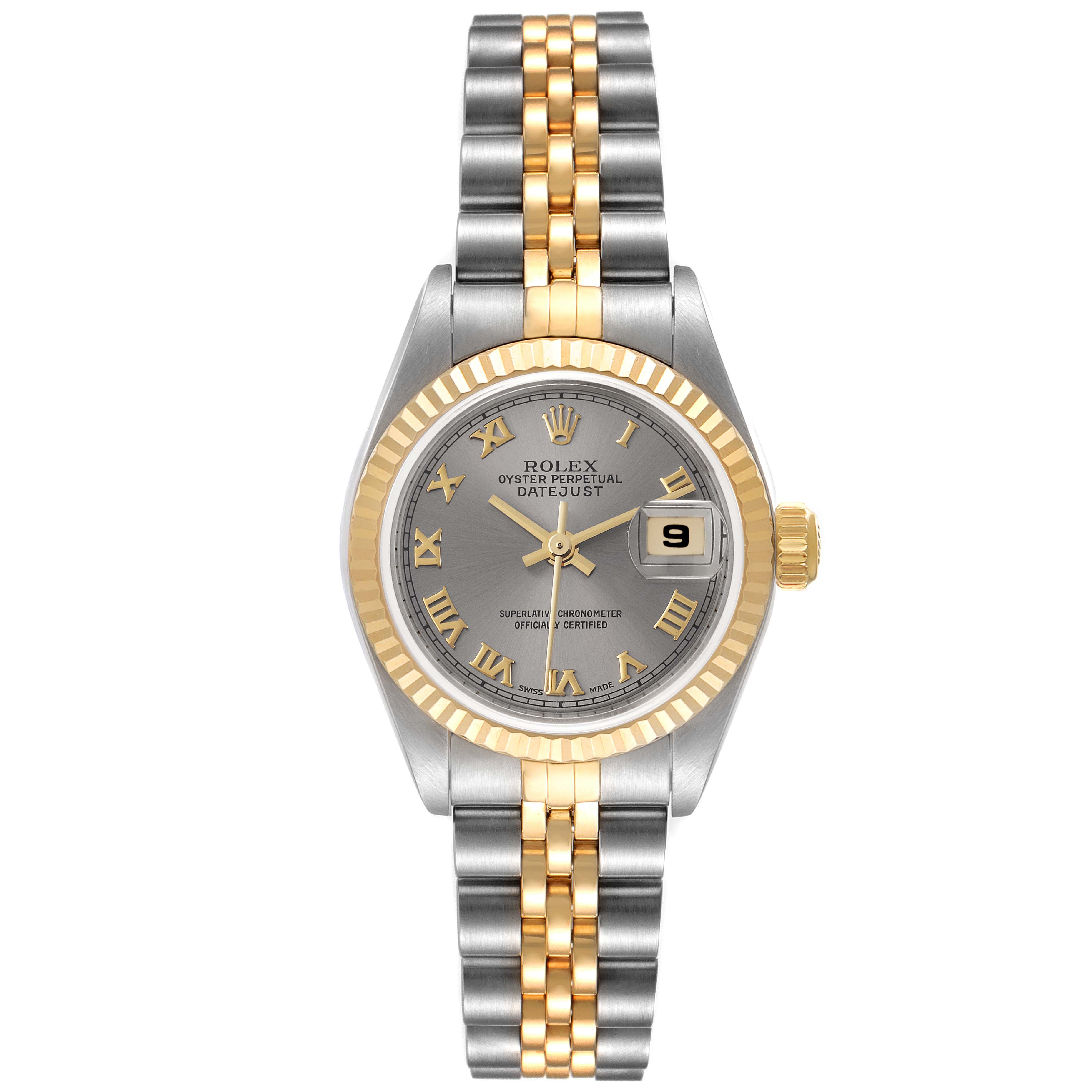 This image shows a Rolex Datejust 79173 Women
s Steel and Gold (two tone) Grey Dial 79173 Women
s Steel and Gold (two tone) Grey Dial watch from a front angle, displaying the dial, bezel, and two-tone bracelet.