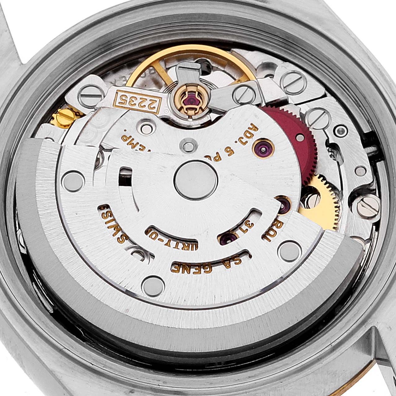 This image shows a close-up of the movement mechanism inside a Rolex Datejust 79173 Women
s Steel and Gold (two tone) Grey Dial 79173 Women
s Steel and Gold (two tone) Grey Dial watch, exposing gears and components.