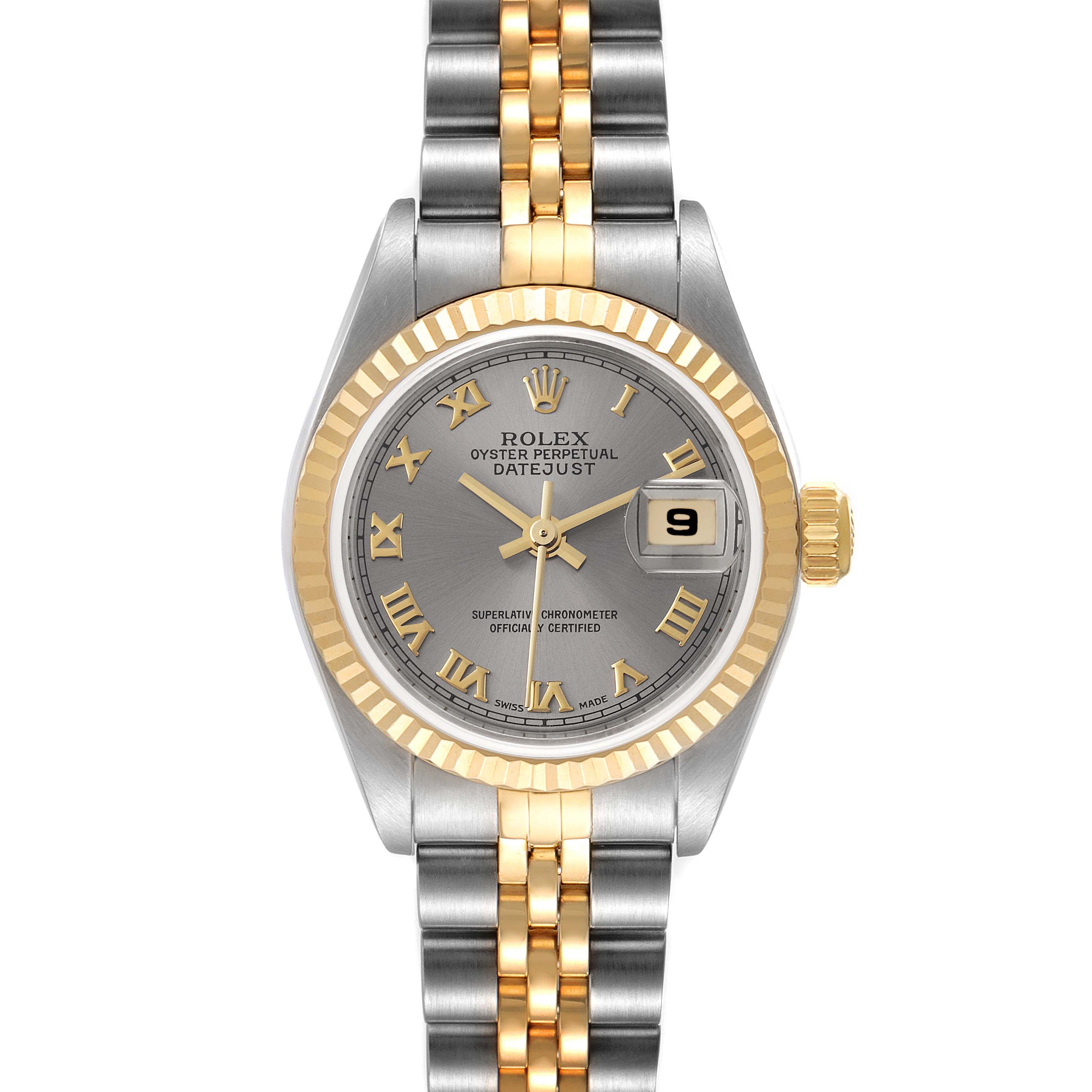 The image shows a frontal view of a Rolex Datejust 79173 Women
s Steel and Gold (two tone) Grey Dial 79173 Women
s Steel and Gold (two tone) Grey Dial watch, highlighting the dial, hands, fluted bezel, and part of the two-tone bracelet.