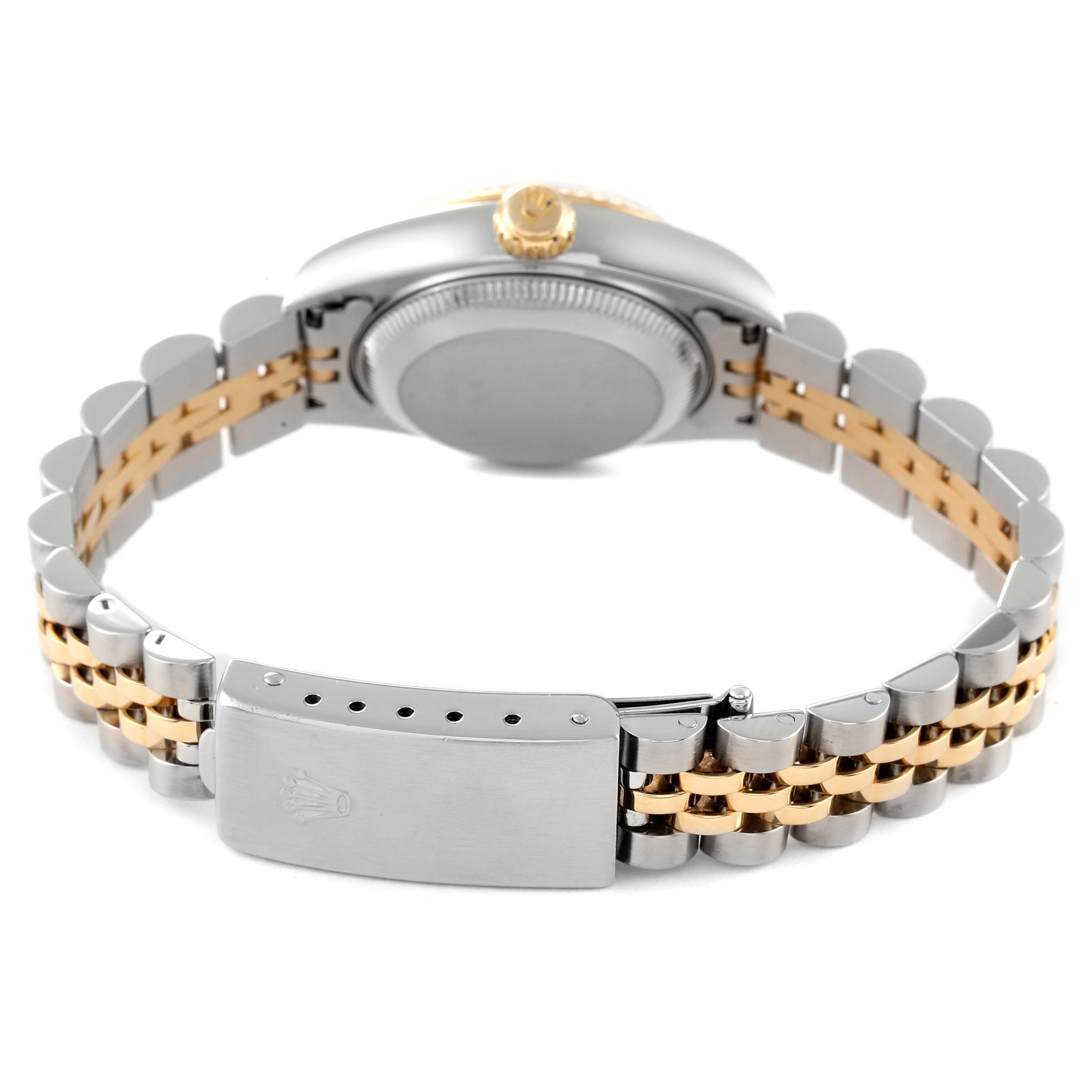 The image shows the back of a Rolex Datejust 79173 Women
s Steel and Gold (two tone) Grey Dial 79173 Women
s Steel and Gold (two tone) Grey Dial watch, highlighting the bracelet, clasp, and case back.