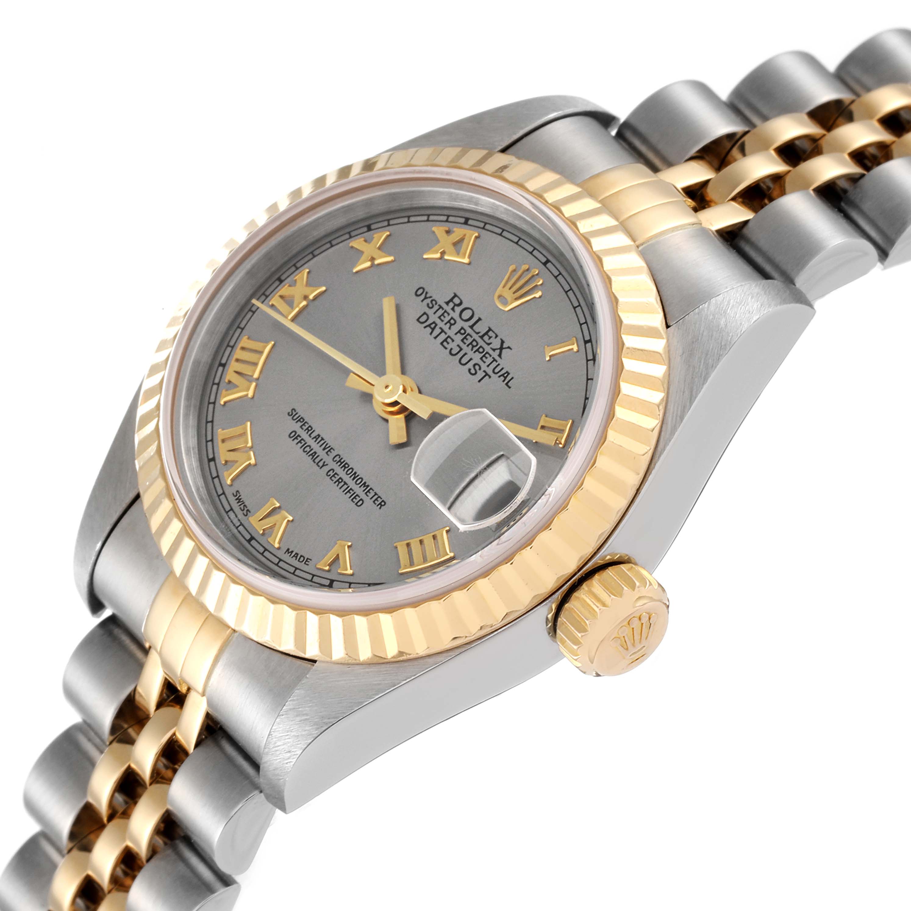 The image shows a Rolex Datejust 79173 Women
s Steel and Gold (two tone) Grey Dial 79173 Women
s Steel and Gold (two tone) Grey Dial watch at an angle highlighting its bezel, dial, crown, and part of the bracelet.