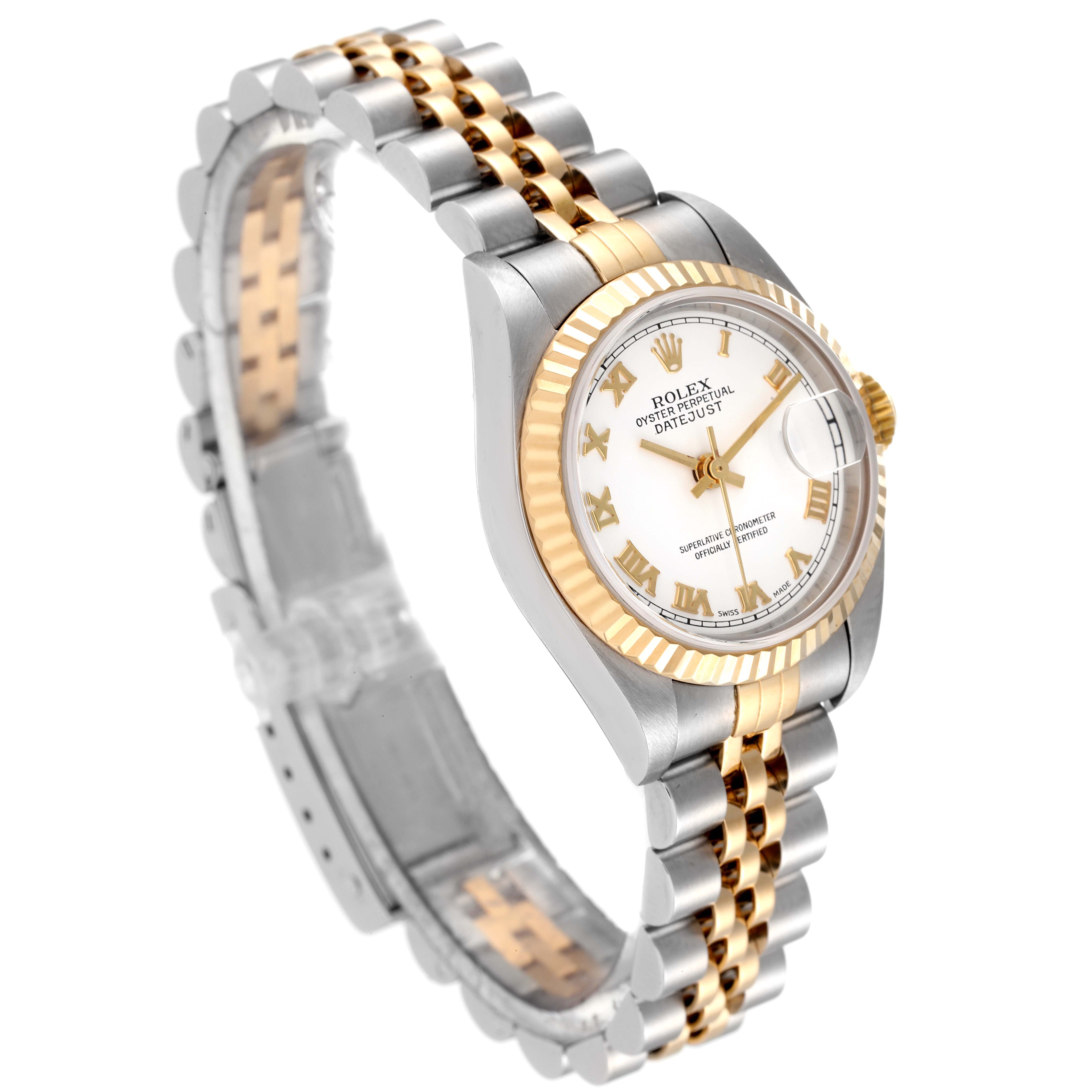 The Rolex Datejust 79173 Women's Steel and Gold (two tone) White Dial 79173 Women's Steel and Gold (two tone) White Dial watch is shown at an angled side view, displaying its gold and silver bracelet, fluted bezel, and white dial with Roman numerals.