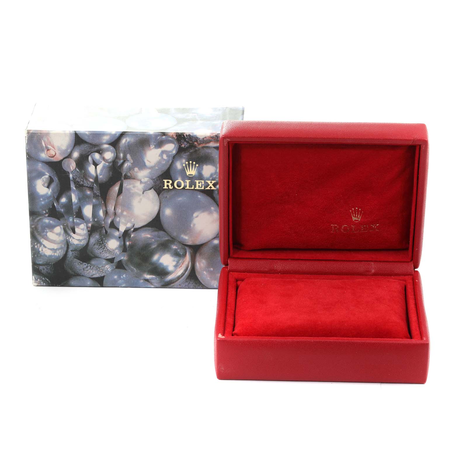 The image shows a red Rolex Datejust 79173 Women's Steel and Gold (two tone) White Dial 79173 Women's Steel and Gold (two tone) White Dial watch box with the lid open, placed in front of its decorative outer packaging.