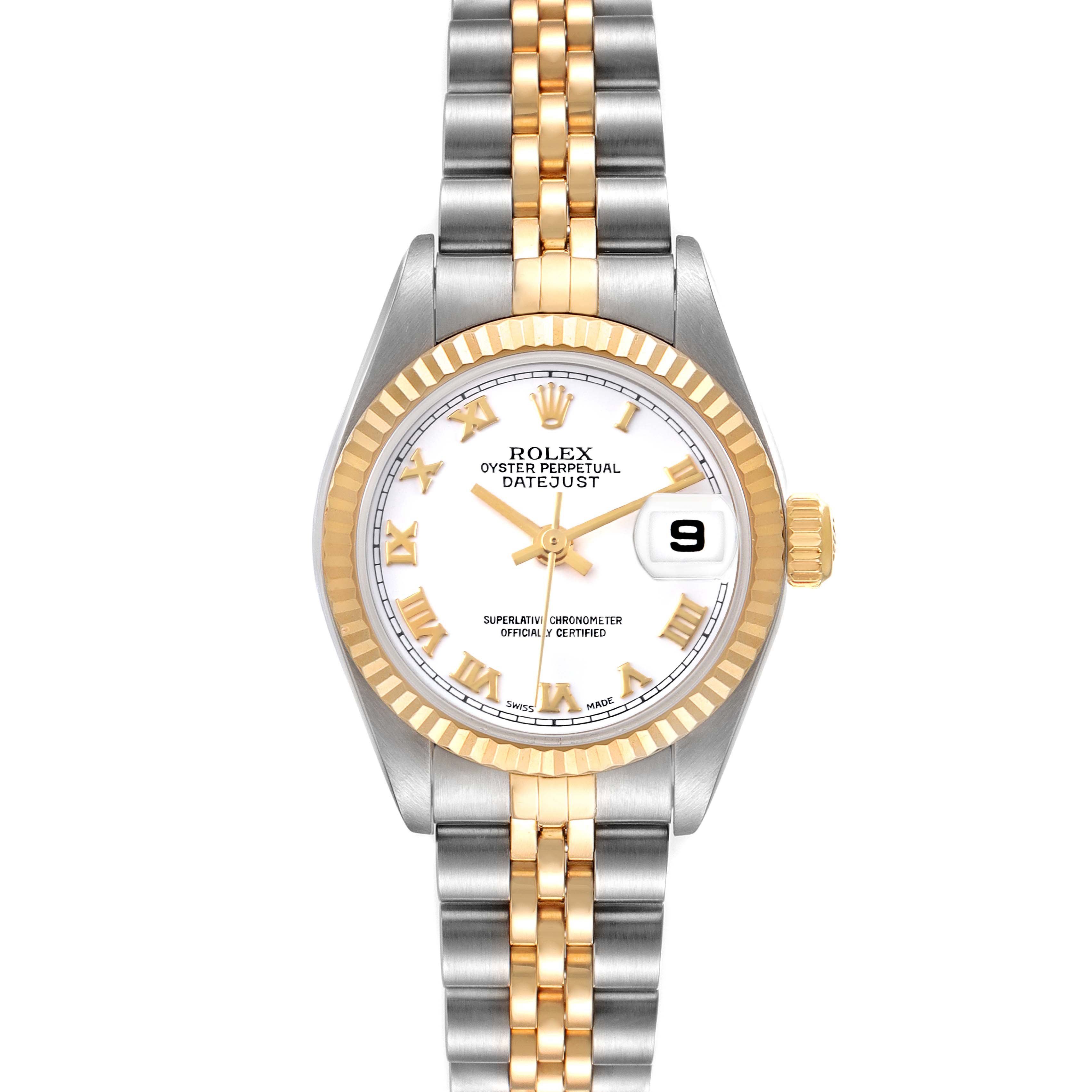 This image shows the front view of a Rolex Datejust 79173 Women's Steel and Gold (two tone) White Dial 79173 Women's Steel and Gold (two tone) White Dial watch, highlighting its face, bezel, and bracelet.