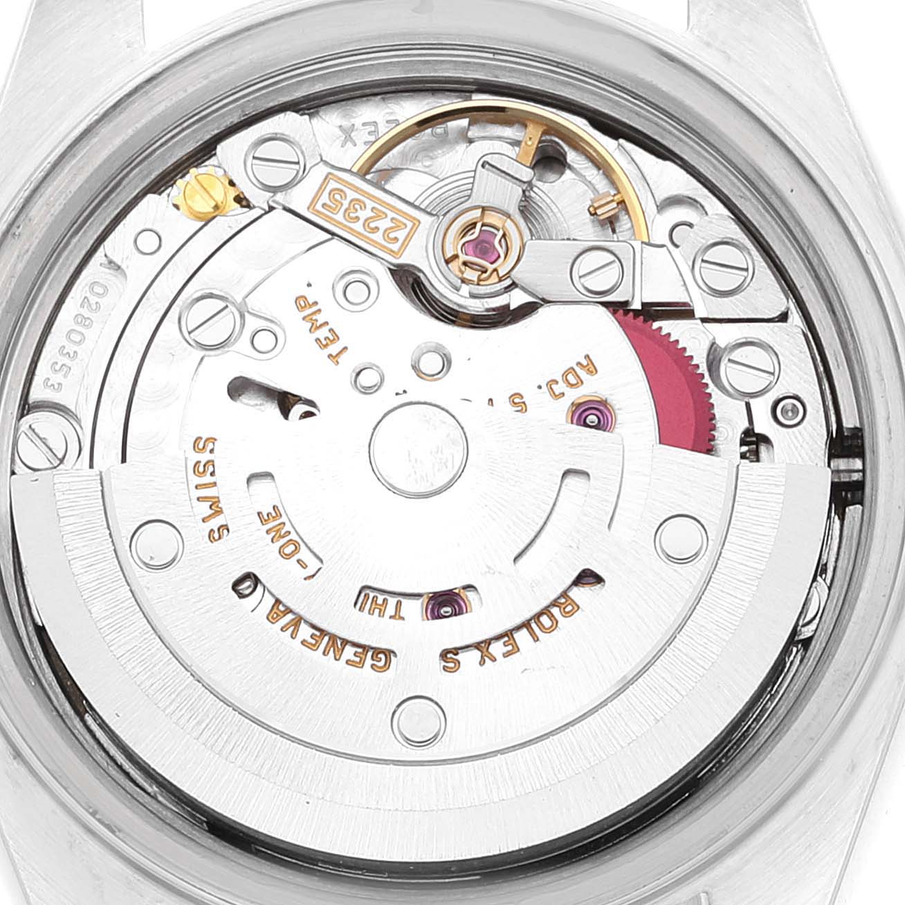 The image shows the movement and inner mechanics of a Rolex Datejust 79173 Women's Steel and Gold (two tone) White Dial 79173 Women's Steel and Gold (two tone) White Dial watch, viewed from the back.
