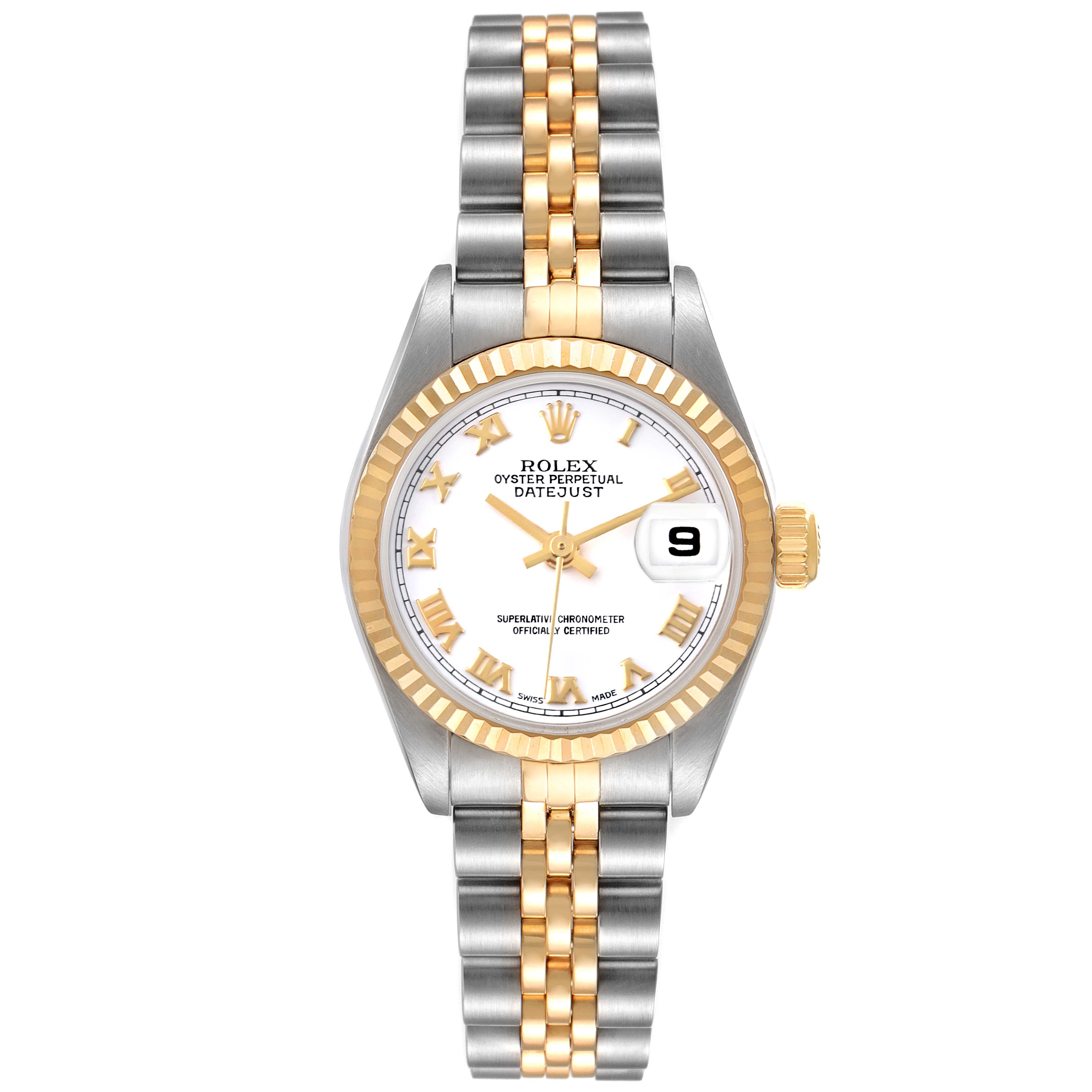 The image shows a front view of a Rolex Datejust 79173 Women's Steel and Gold (two tone) White Dial 79173 Women's Steel and Gold (two tone) White Dial watch displaying the dial, bezel, and bracelet.
