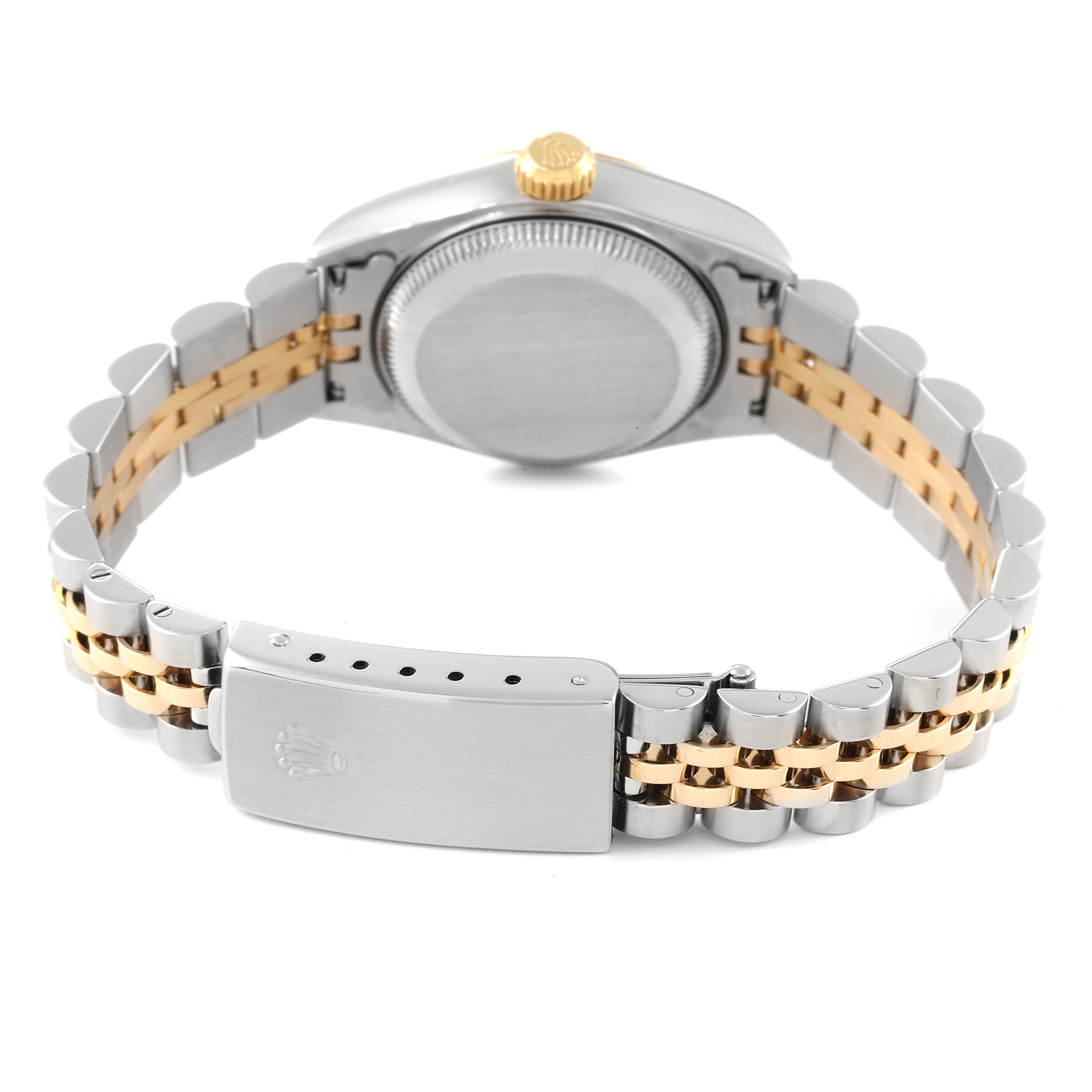 The image shows the back and clasp of a Rolex Datejust 79173 Women's Steel and Gold (two tone) White Dial 79173 Women's Steel and Gold (two tone) White Dial watch, highlighting the two-tone bracelet and case back.