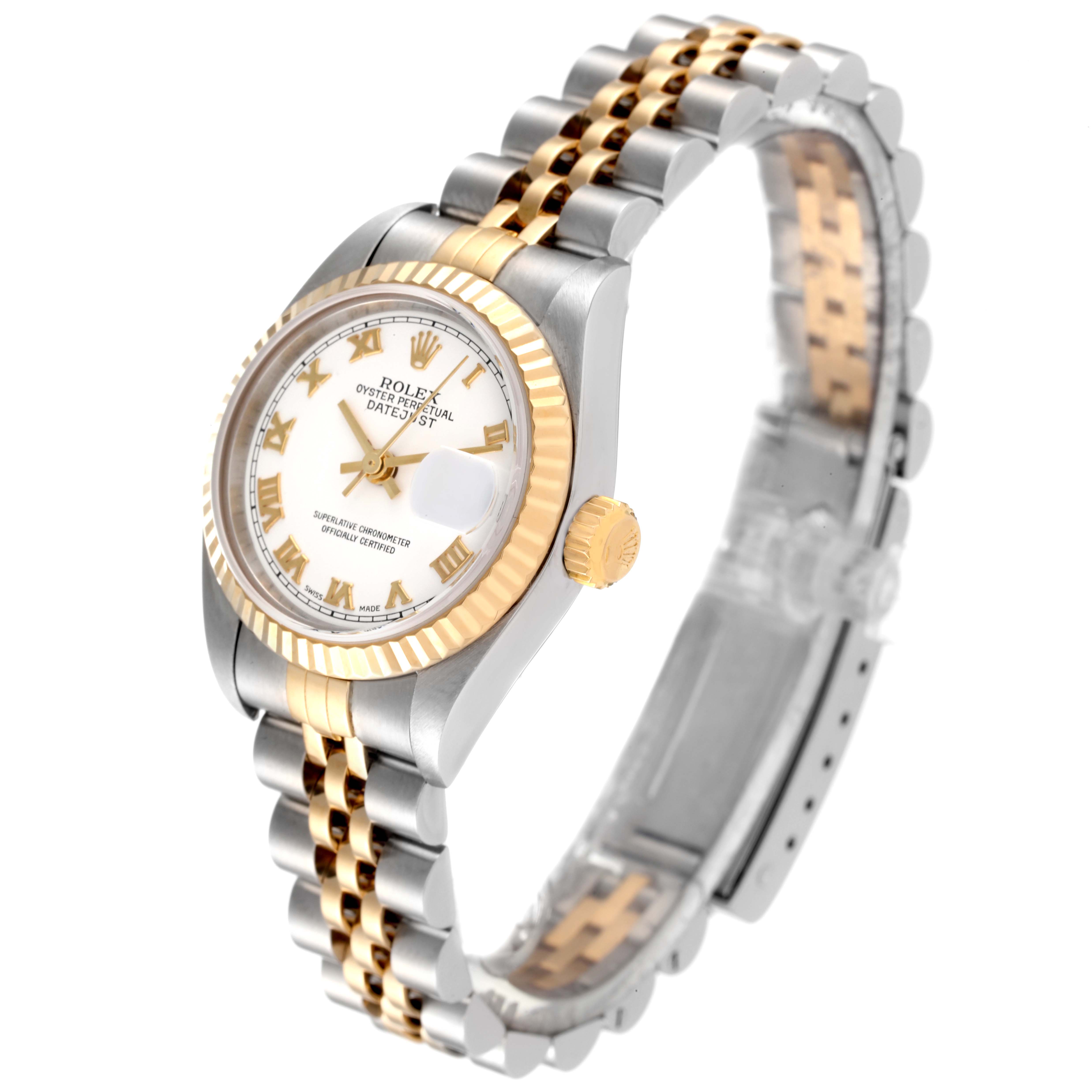 The Rolex Datejust 79173 Women's Steel and Gold (two tone) White Dial 79173 Women's Steel and Gold (two tone) White Dial watch is shown from a three-quarter angle, highlighting the dial, crown, bezel, and two-tone bracelet.