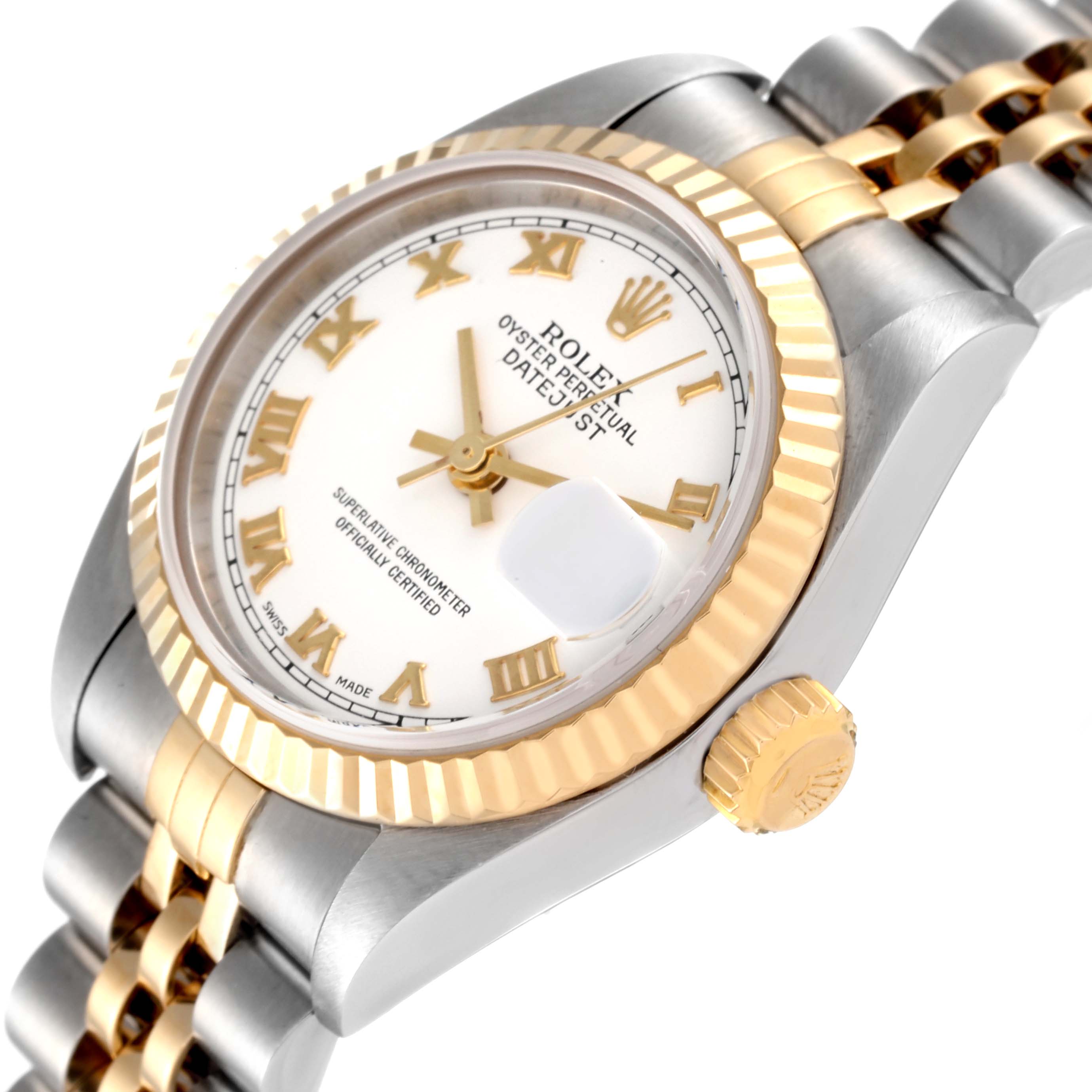 The image shows a Rolex Datejust 79173 Women's Steel and Gold (two tone) White Dial 79173 Women's Steel and Gold (two tone) White Dial watch at a slight angle, highlighting the face, bezel, and part of the bracelet.