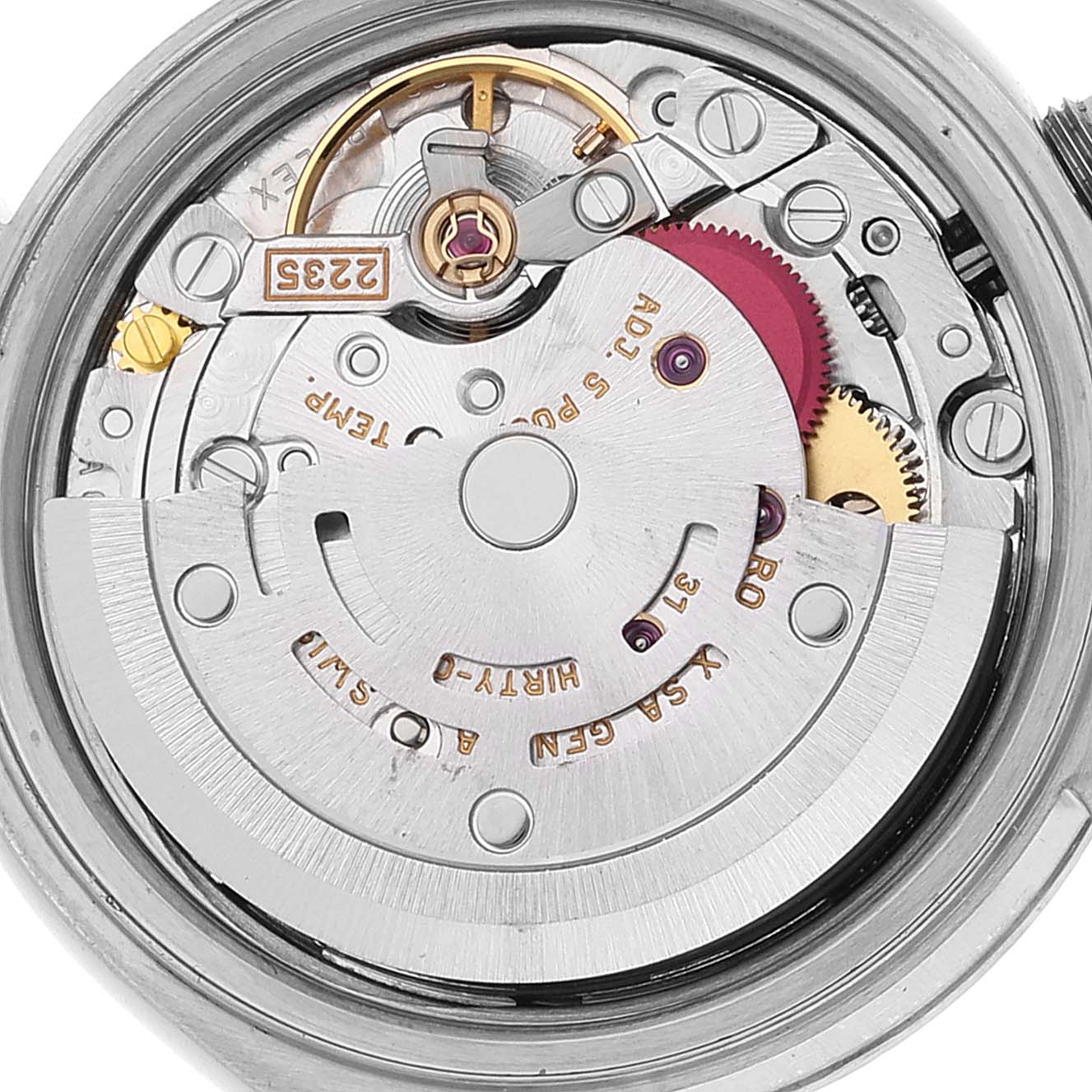 The image shows the internal movement and mechanism of a Rolex Datejust 79173 Women's Steel and Gold (two tone) White Dial 79173 Women's Steel and Gold (two tone) White Dial watch from a top-down angle.