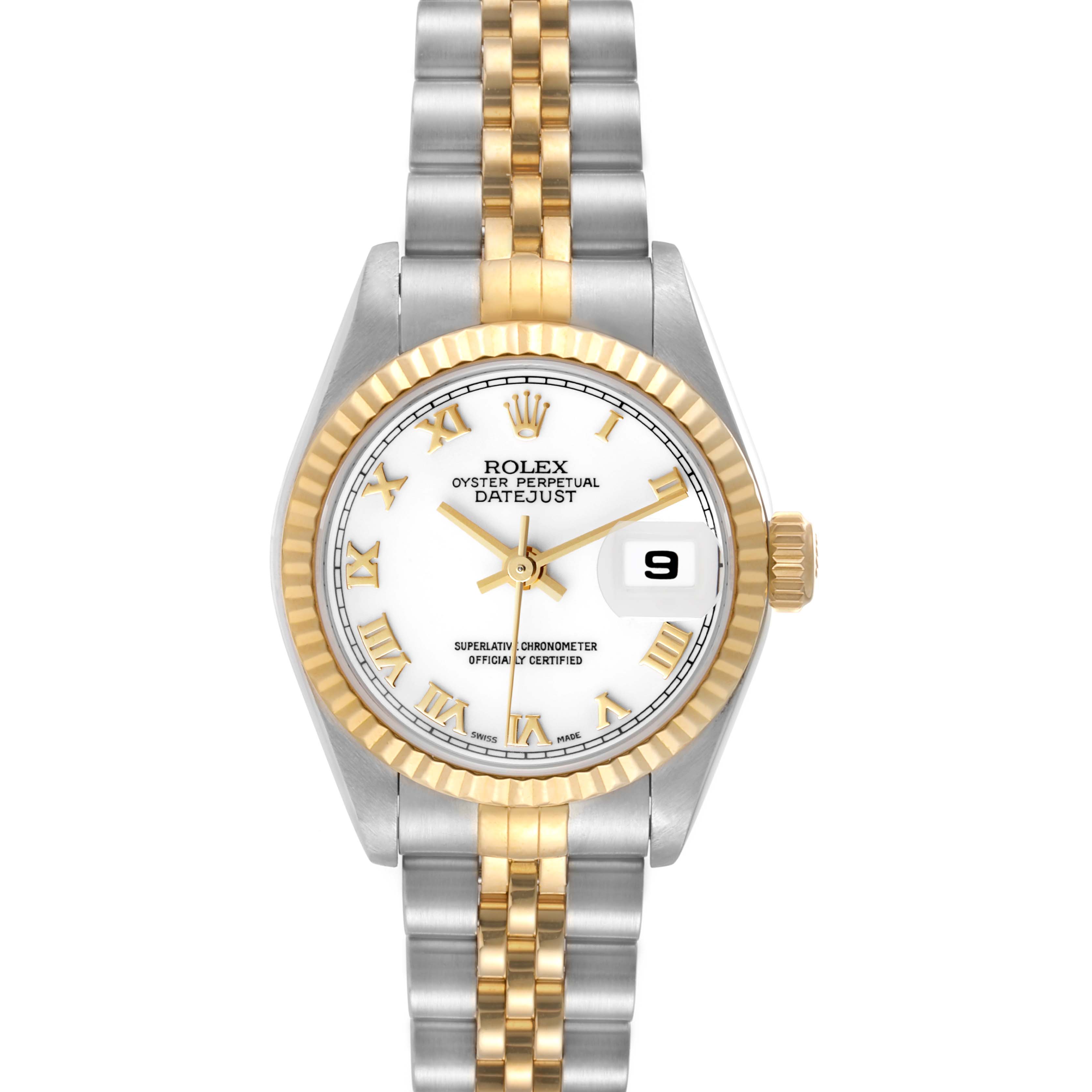 The image shows a frontal view of a Rolex Datejust 79173 Women's Steel and Gold (two tone) White Dial 79173 Women's Steel and Gold (two tone) White Dial watch displaying its face, bezel, and part of its metal bracelet.