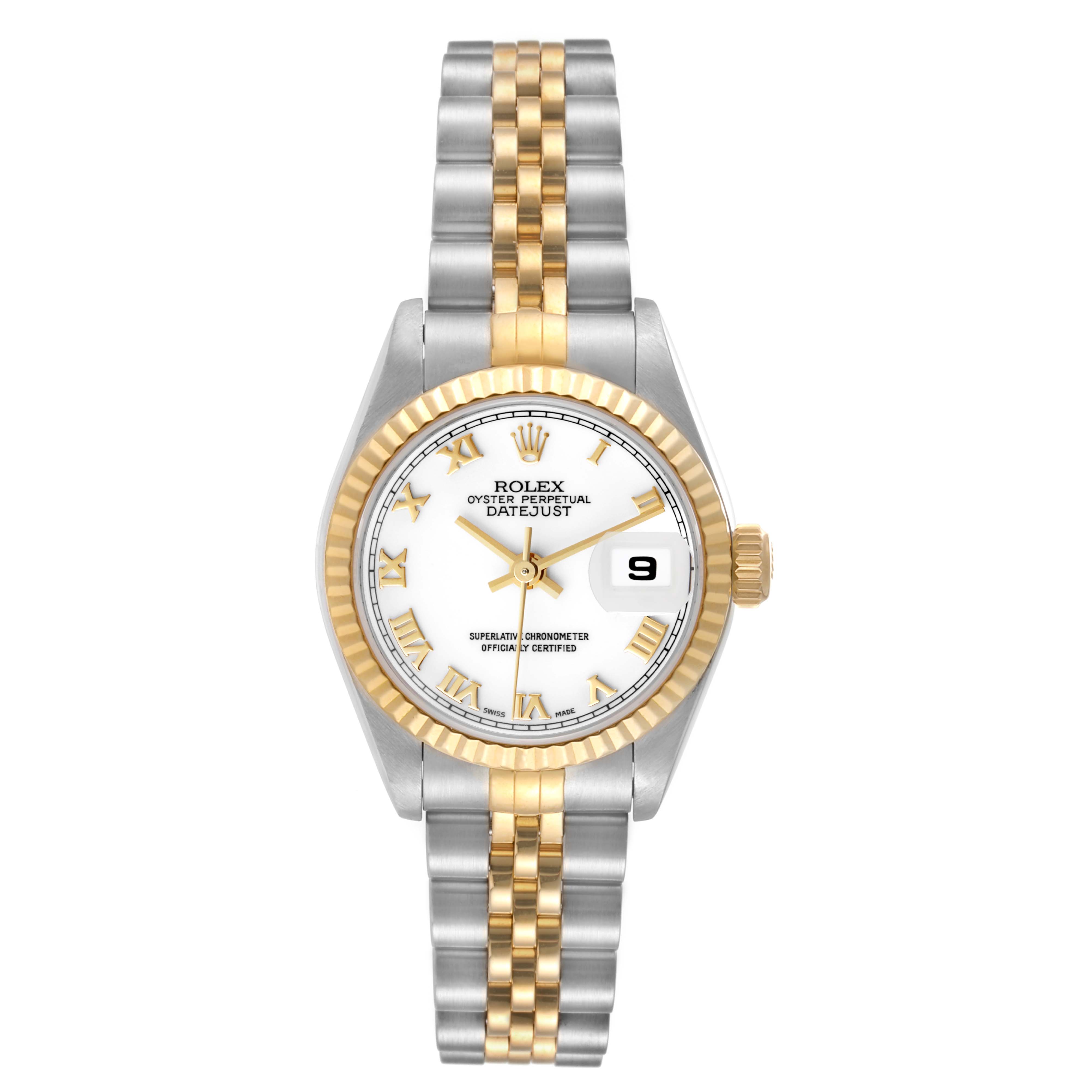 The Rolex Datejust 79173 Women's Steel and Gold (two tone) White Dial 79173 Women's Steel and Gold (two tone) White Dial watch is shown from a top-down angle, displaying its face, dial, bezel, and bracelet.