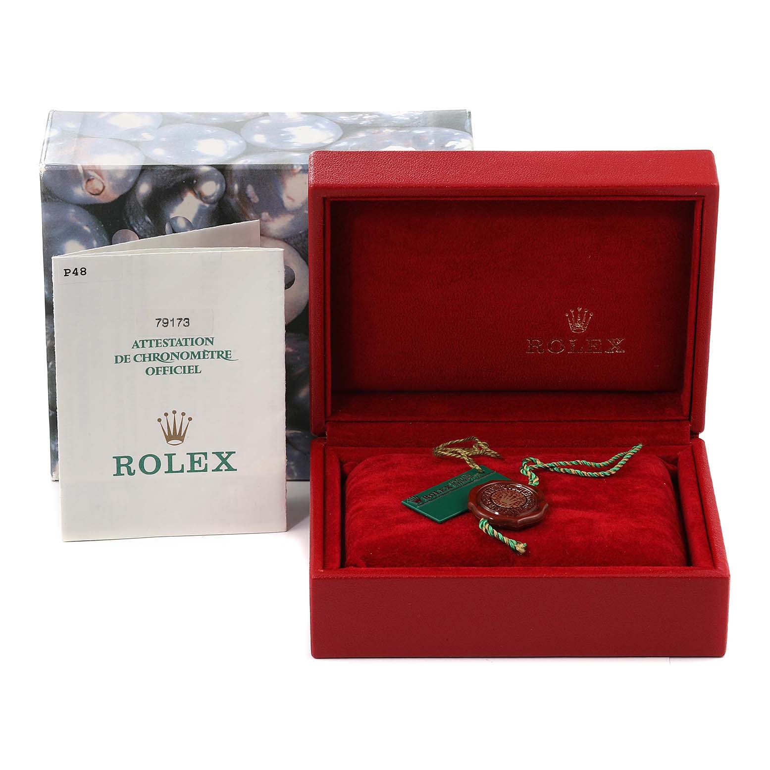 The image shows a Rolex Datejust 79173 Women's Steel and Gold (two tone) White Dial 79173 Women's Steel and Gold (two tone) White Dial box, tags, and manual, all viewed from a front angle with the box open.