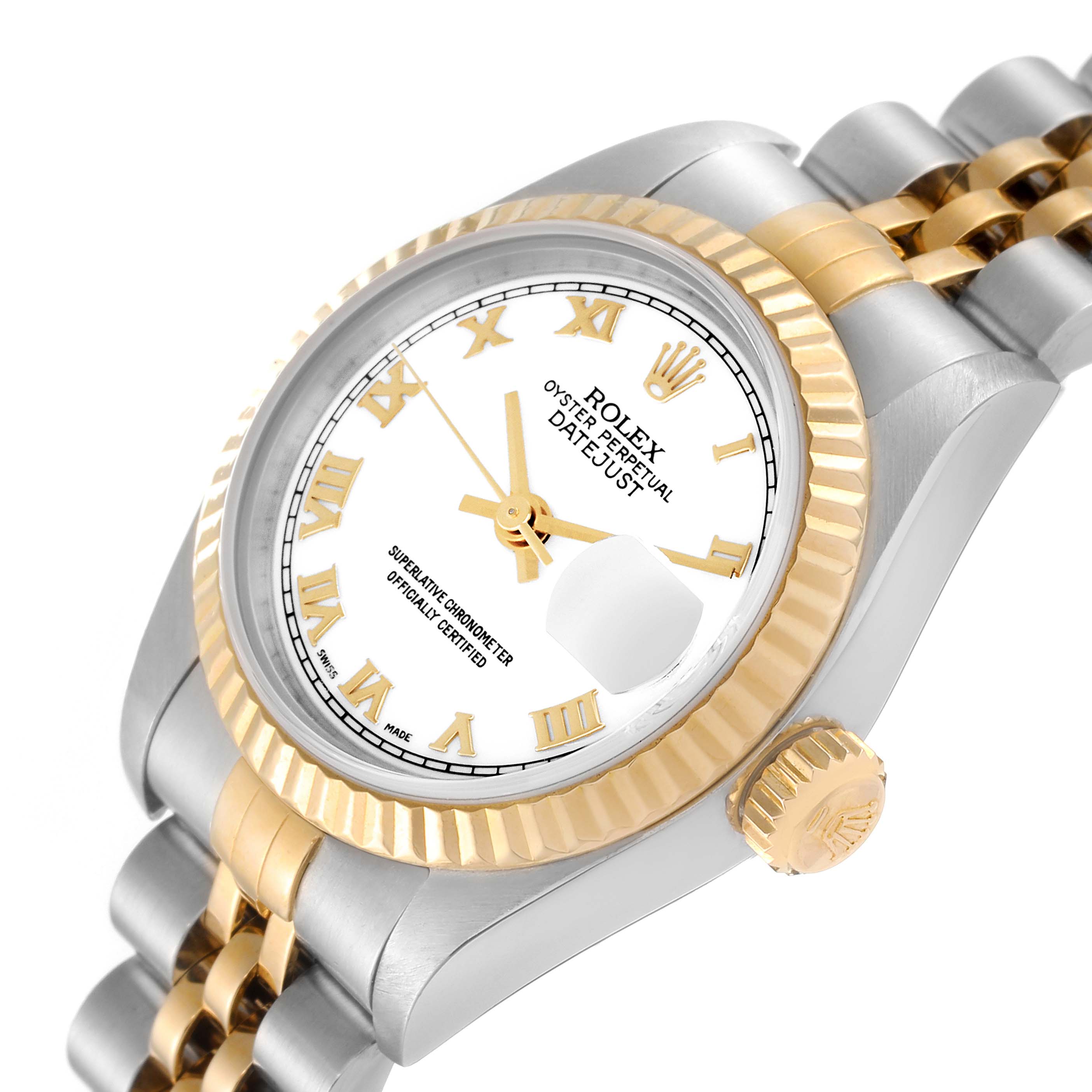 The image shows a Rolex Datejust 79173 Women's Steel and Gold (two tone) White Dial 79173 Women's Steel and Gold (two tone) White Dial watch at an angle displaying the face, bezel, crown, and part of the bracelet.