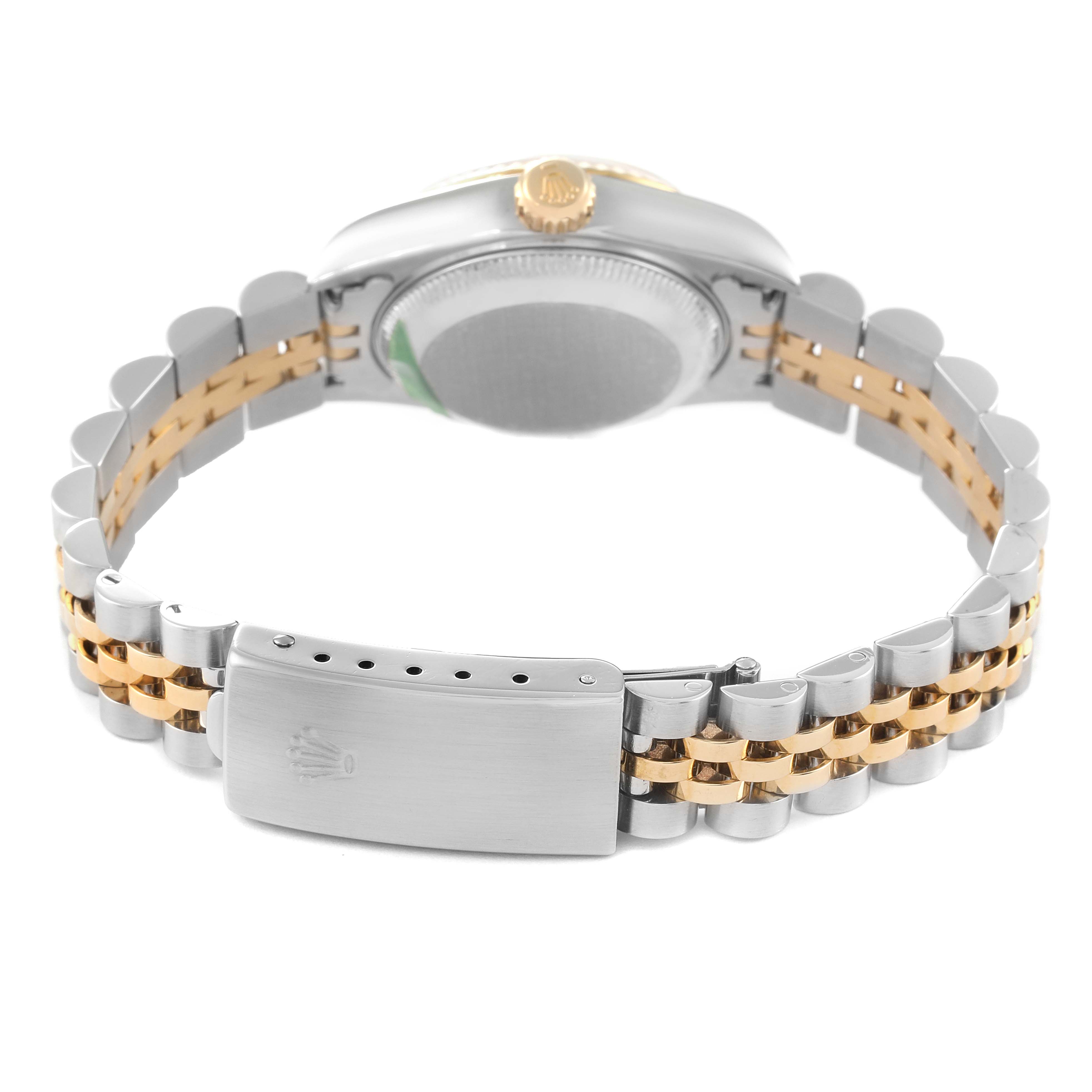 The image shows the back of a Rolex Datejust 79173 Women's Steel and Gold (two tone) White Dial 79173 Women's Steel and Gold (two tone) White Dial watch, highlighting the bracelet and clasp.