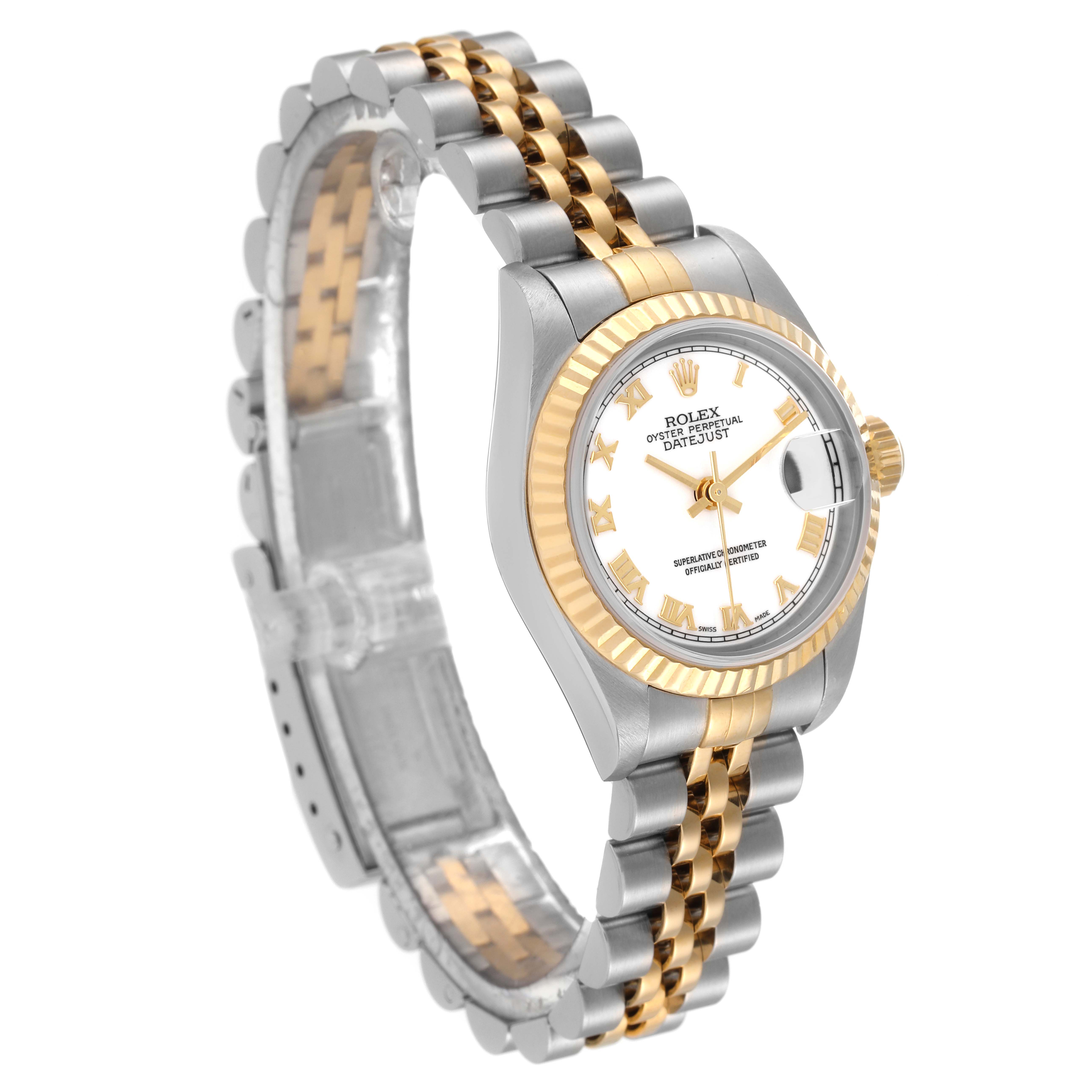 The Rolex Datejust 79173 Women's Steel and Gold (two tone) White Dial 79173 Women's Steel and Gold (two tone) White Dial watch is shown at an angle displaying the dial, crown, and Jubilee bracelet.