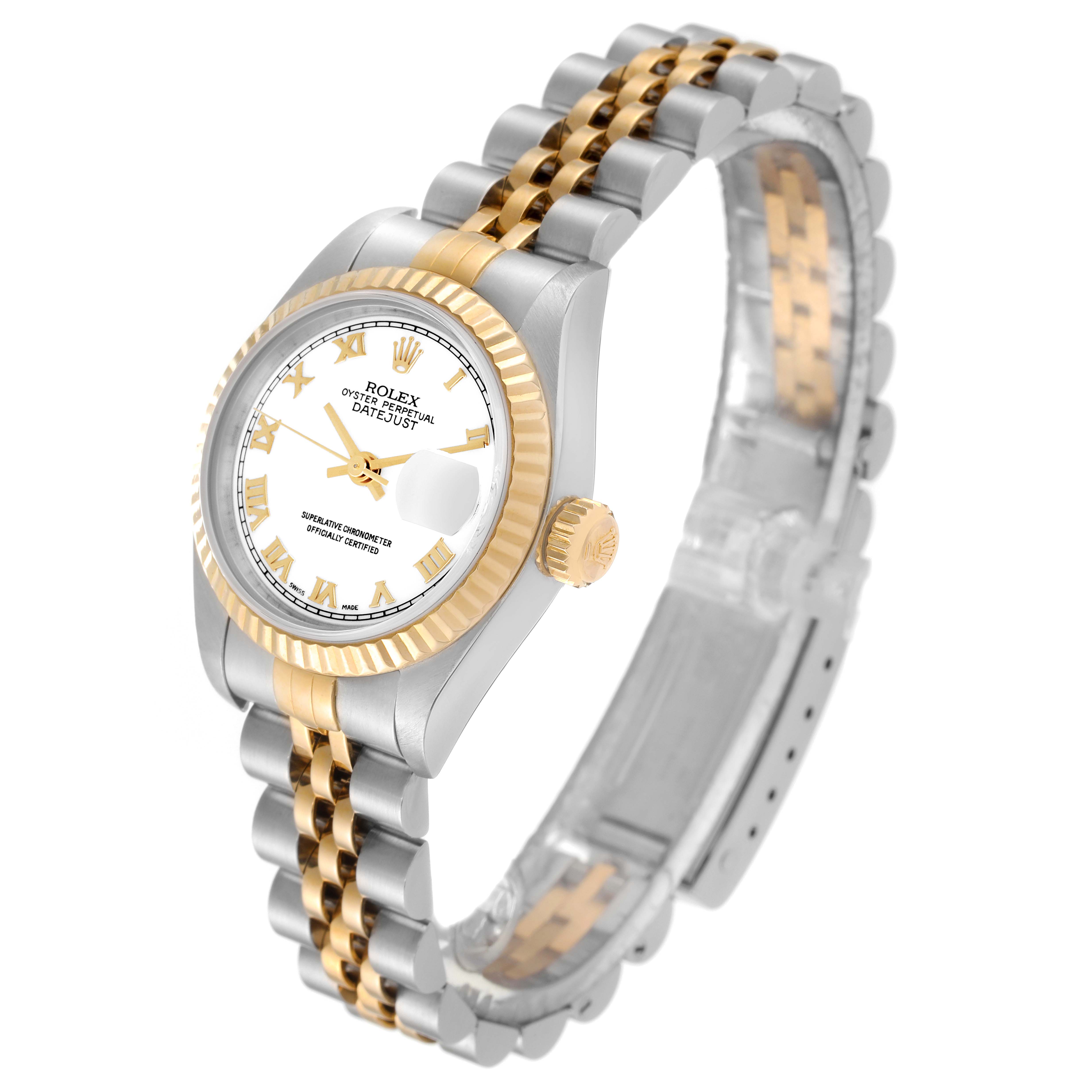 This Rolex Datejust 79173 Women's Steel and Gold (two tone) White Dial 79173 Women's Steel and Gold (two tone) White Dial watch is shown at a slight angle, displaying its two-tone bracelet and gold fluted bezel with a white dial.