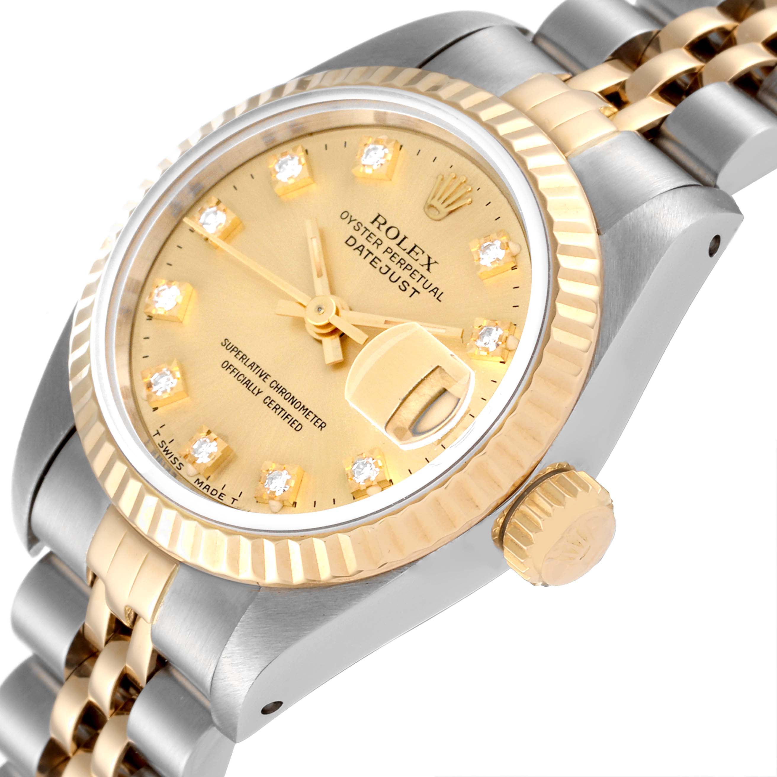 The image shows a close-up angled view of a Rolex Datejust 69173 Women's Steel and Gold (two tone) Champagne Dial 69173 Women's Steel and Gold (two tone) Champagne Dial dial, crown, and part of the bracelet.