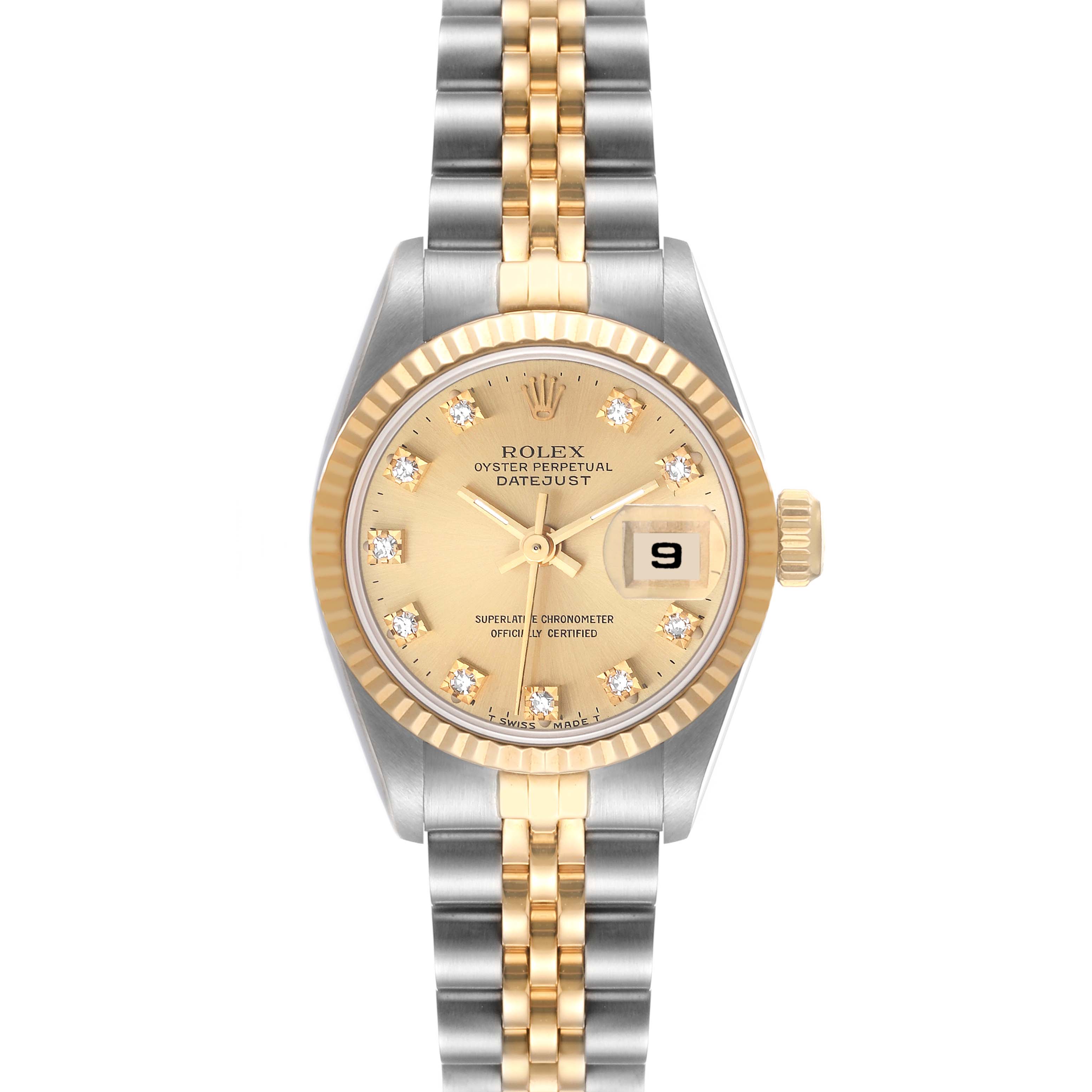 This Rolex Datejust 69173 Women's Steel and Gold (two tone) Champagne Dial 69173 Women's Steel and Gold (two tone) Champagne Dial watch is shown from the front, displaying its dial, bezel, bracelet, and date window.
