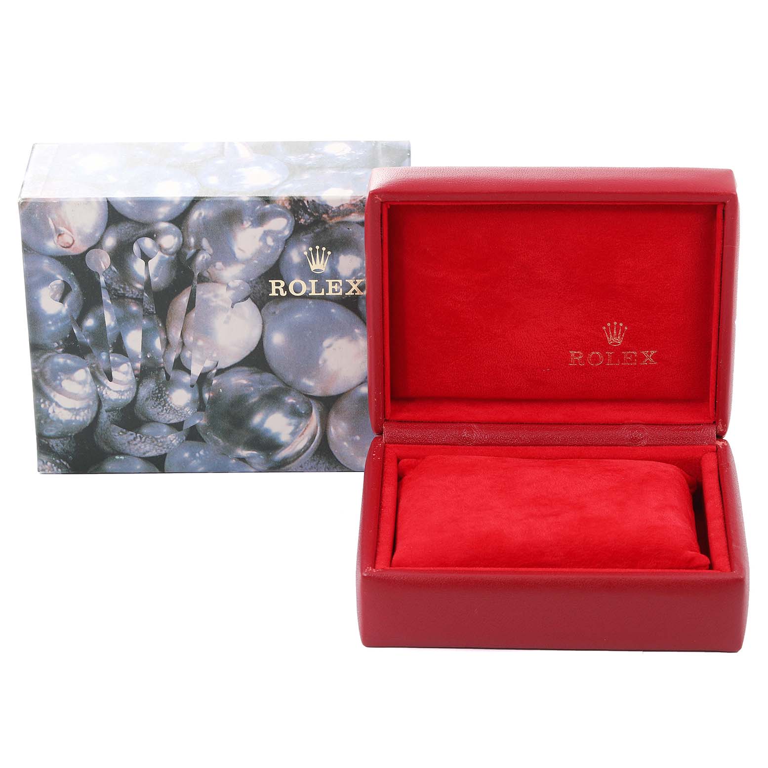 The image shows a red Rolex Datejust 69173 Women's Steel and Gold (two tone) Champagne Dial 69173 Women's Steel and Gold (two tone) Champagne Dial watch box with its lid open, revealing a cushioned interior, alongside an outer decorative box.