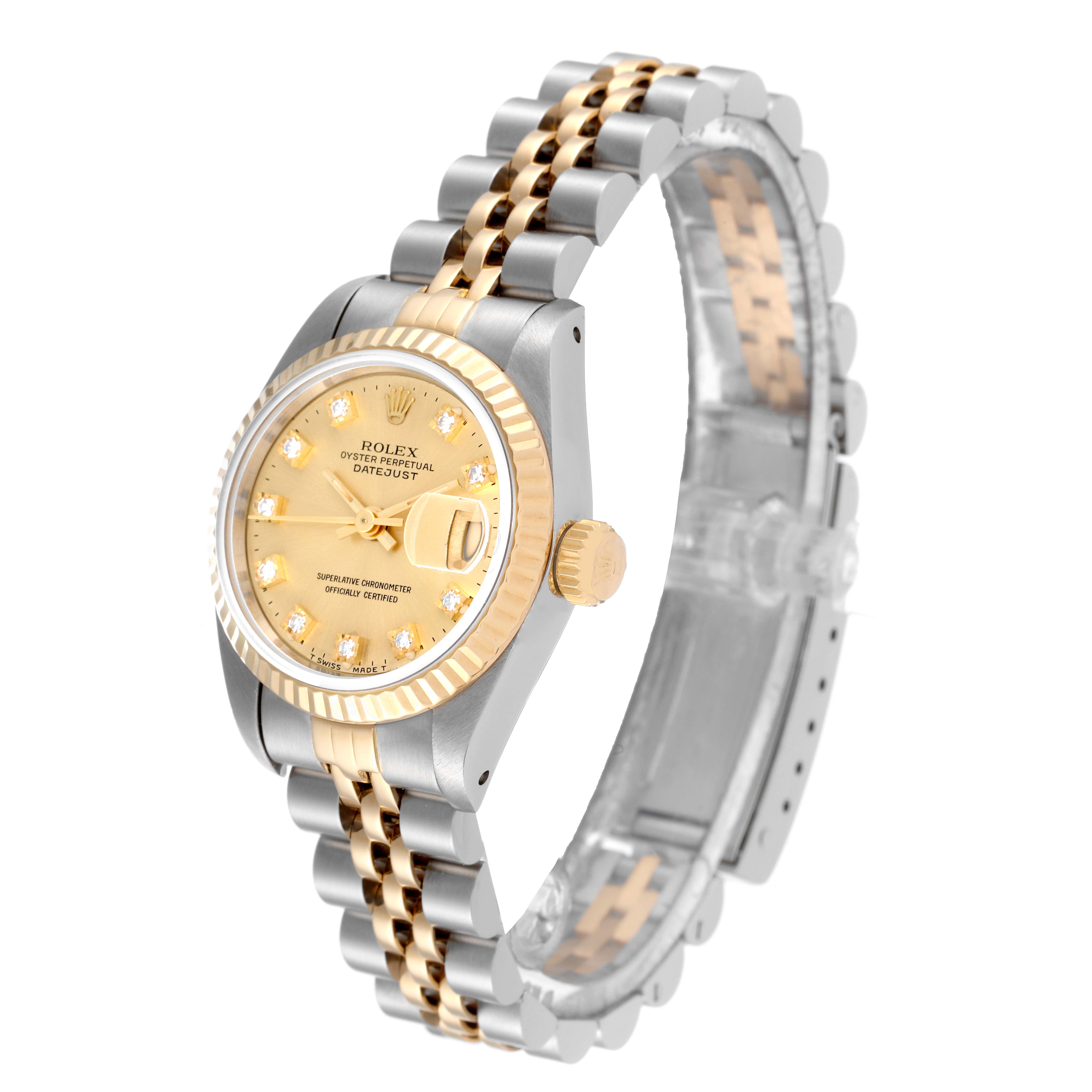 This image shows a Rolex Datejust 69173 Women's Steel and Gold (two tone) Champagne Dial 69173 Women's Steel and Gold (two tone) Champagne Dial watch at a three-quarter angle, featuring the face, bezel, crown, and two-tone bracelet.