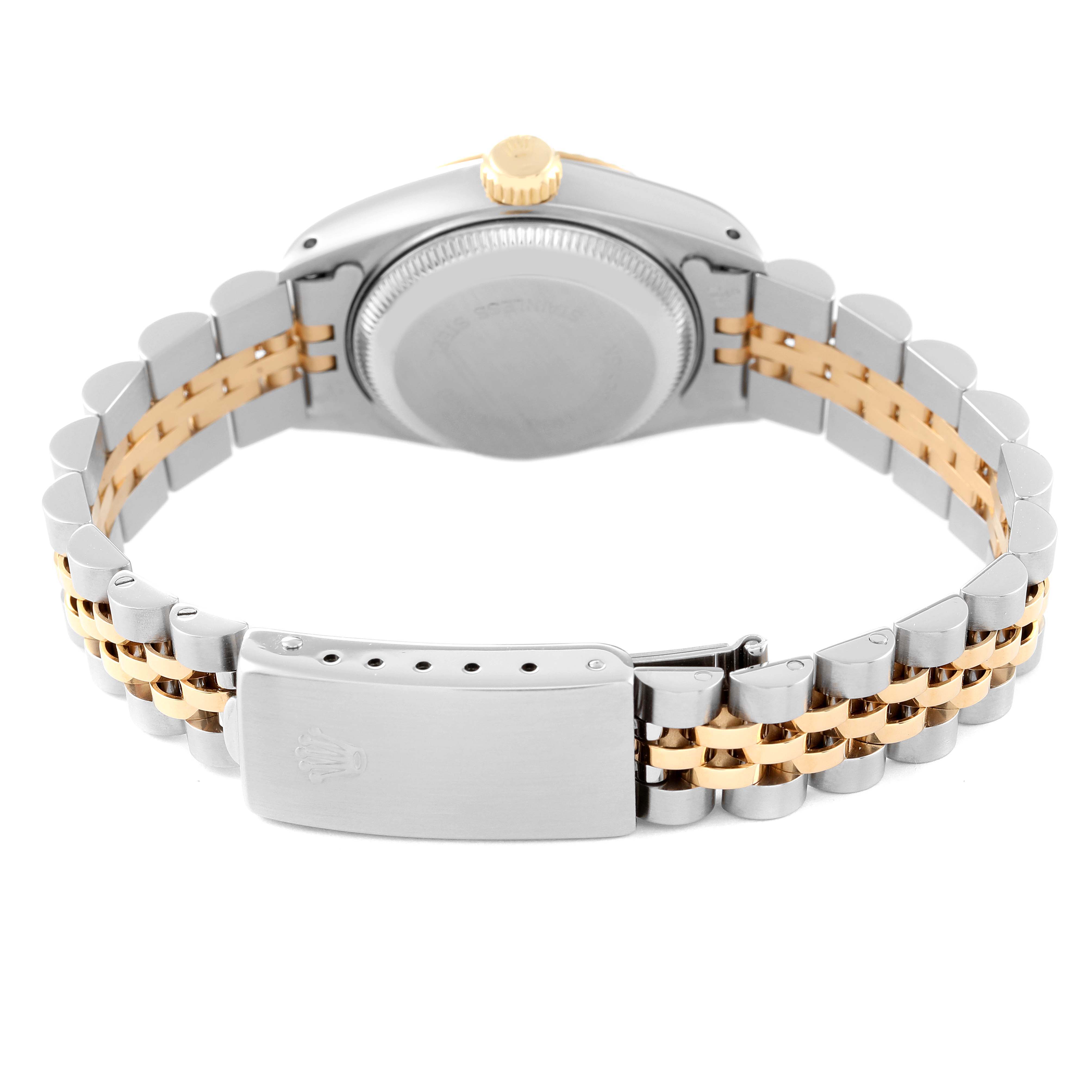 This image shows the back view of a Rolex Datejust 69173 Women's Steel and Gold (two tone) Champagne Dial 69173 Women's Steel and Gold (two tone) Champagne Dial watch, highlighting its clasp and two-tone bracelet.