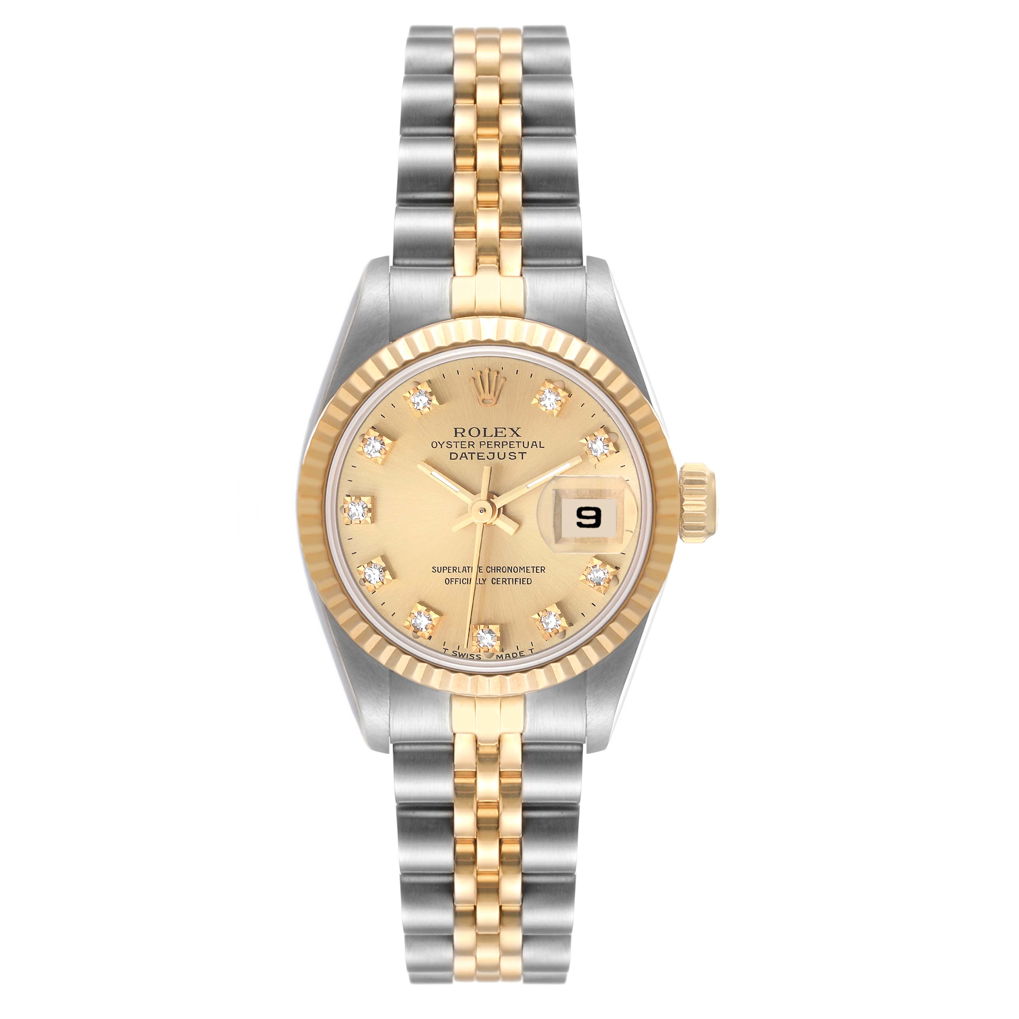The Rolex Datejust 69173 Women's Steel and Gold (two tone) Champagne Dial 69173 Women's Steel and Gold (two tone) Champagne Dial watch is shown from a front angle, highlighting its face, bezel, and two-tone metal bracelet.
