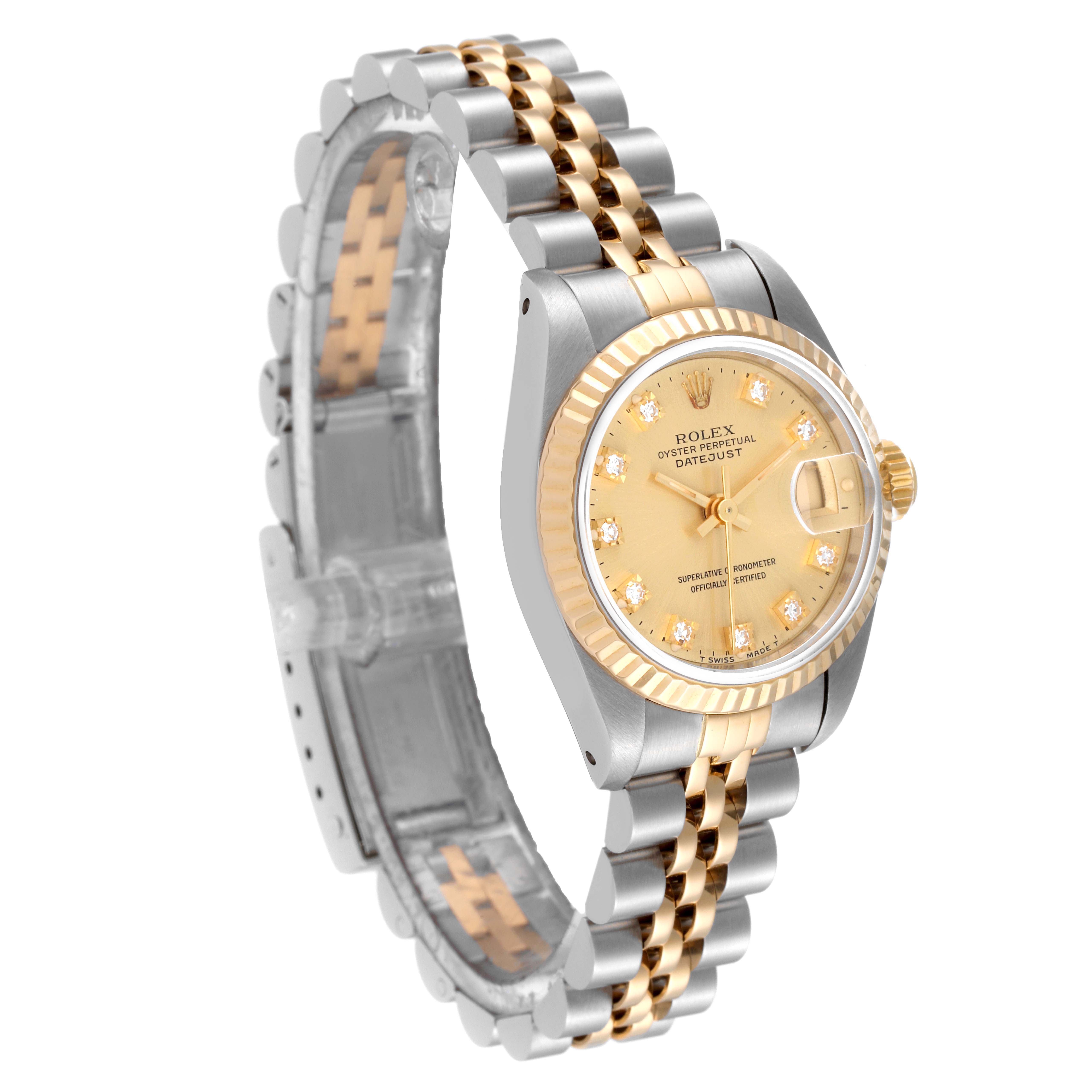 This image shows a front-side angle of the Rolex Datejust 69173 Women's Steel and Gold (two tone) Champagne Dial 69173 Women's Steel and Gold (two tone) Champagne Dial watch, highlighting its two-tone bracelet and champagne dial.
