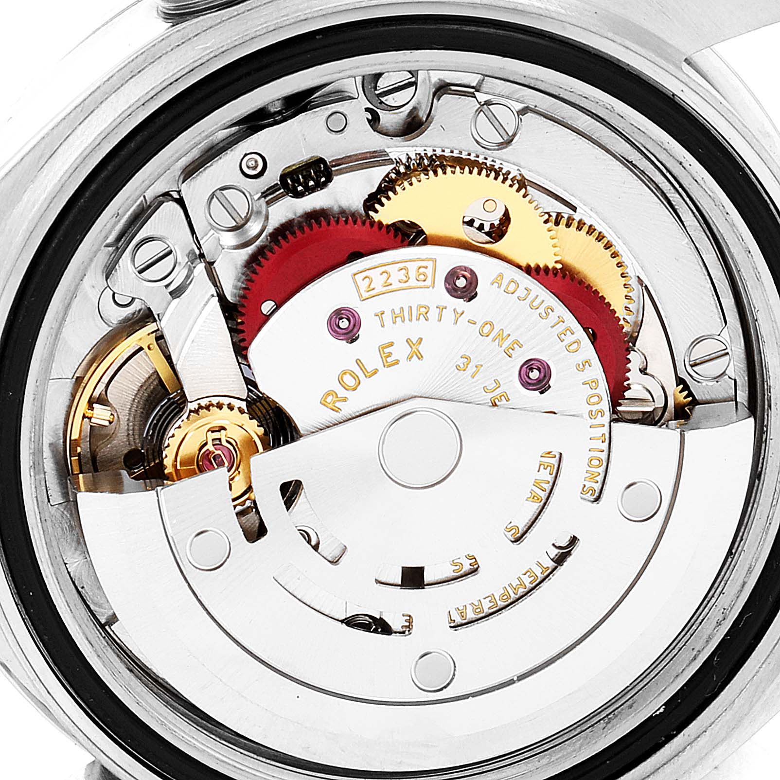 This is an image of the internal mechanism of a Rolex Datejust 279384 Women's Stainless Steel Grey Dial 279384 Women's Stainless Steel Grey Dial watch, showing gears and the movement components.