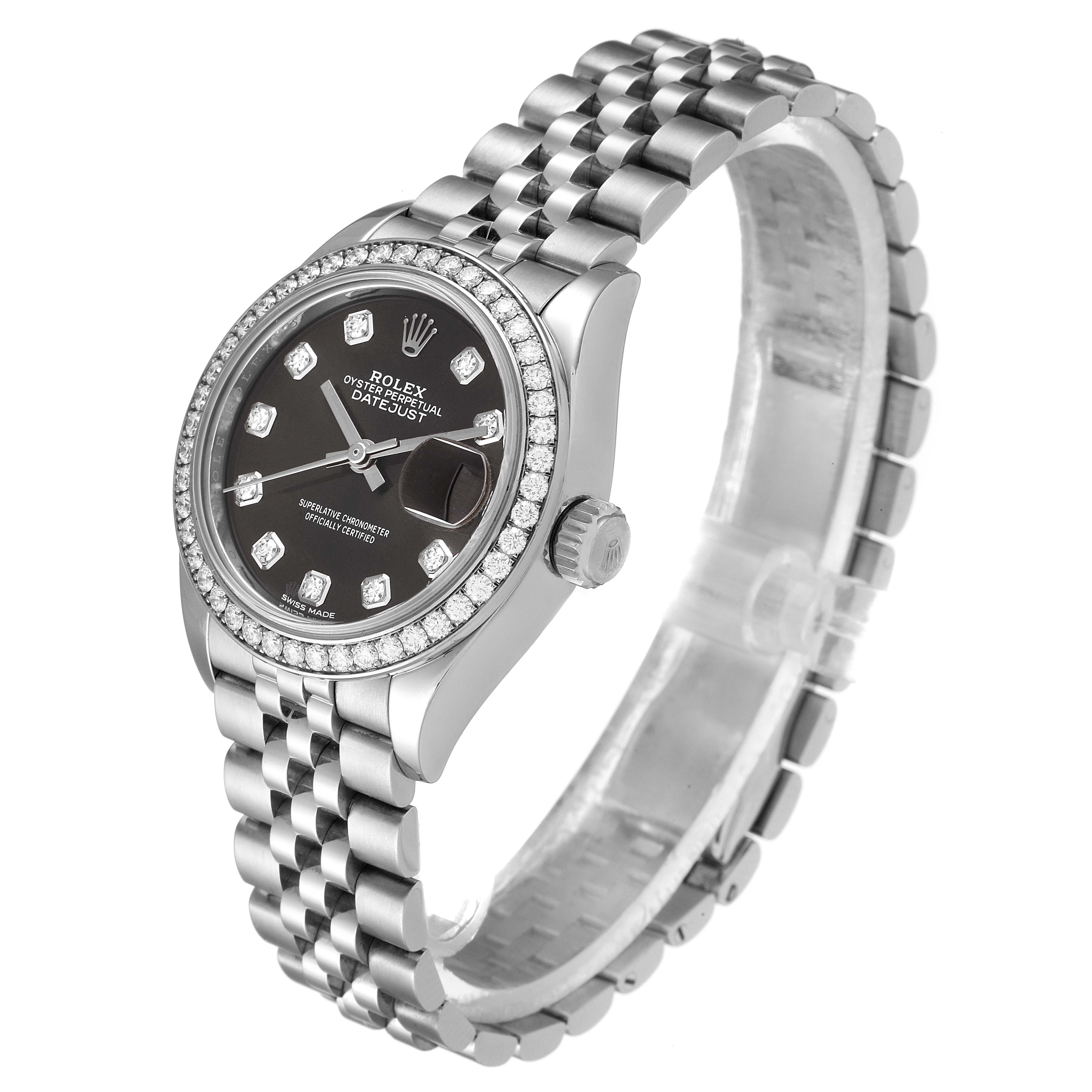 The image shows a side angle of a Rolex Datejust 279384 Women's Stainless Steel Grey Dial 279384 Women's Stainless Steel Grey Dial watch, displaying the face, bezel, and part of the bracelet.