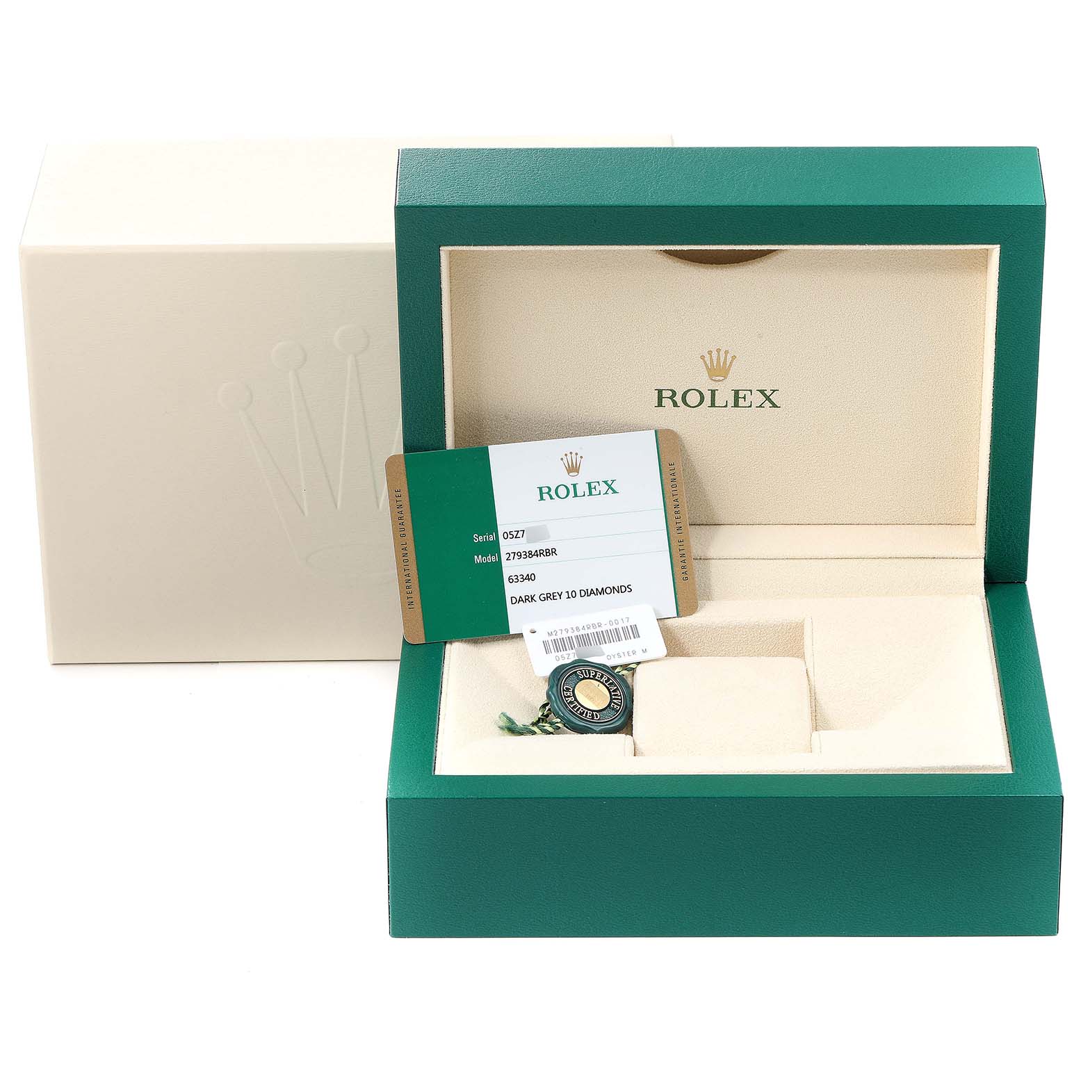 The image shows the packaging, tags, and card for a Rolex Datejust 279384 Women's Stainless Steel Grey Dial 279384 Women's Stainless Steel Grey Dial watch, positioned inside an open box.