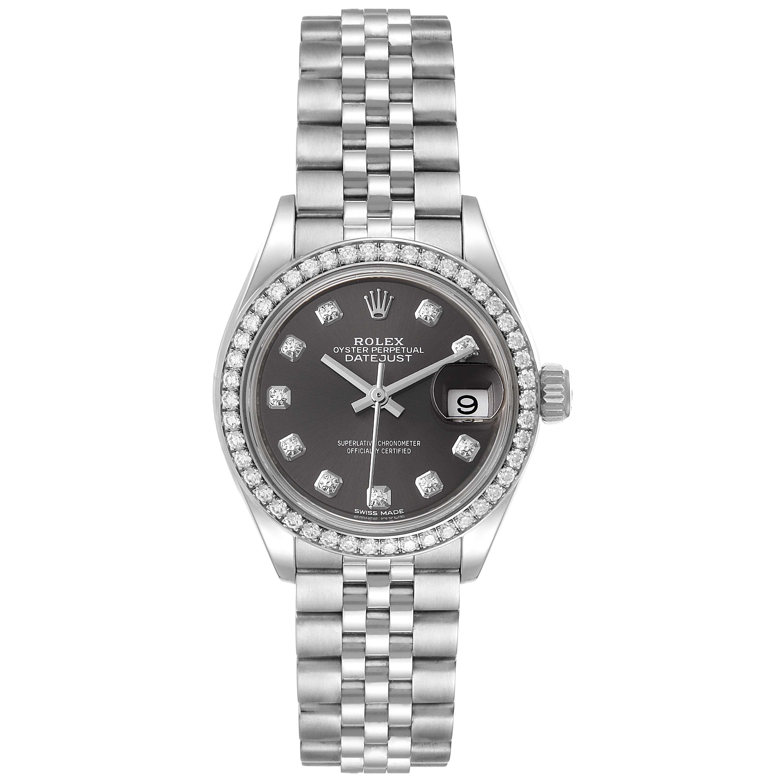 This is a frontal view of a Rolex Datejust 279384 Women's Stainless Steel Grey Dial 279384 Women's Stainless Steel Grey Dial watch showing the face, bezel, and bracelet.