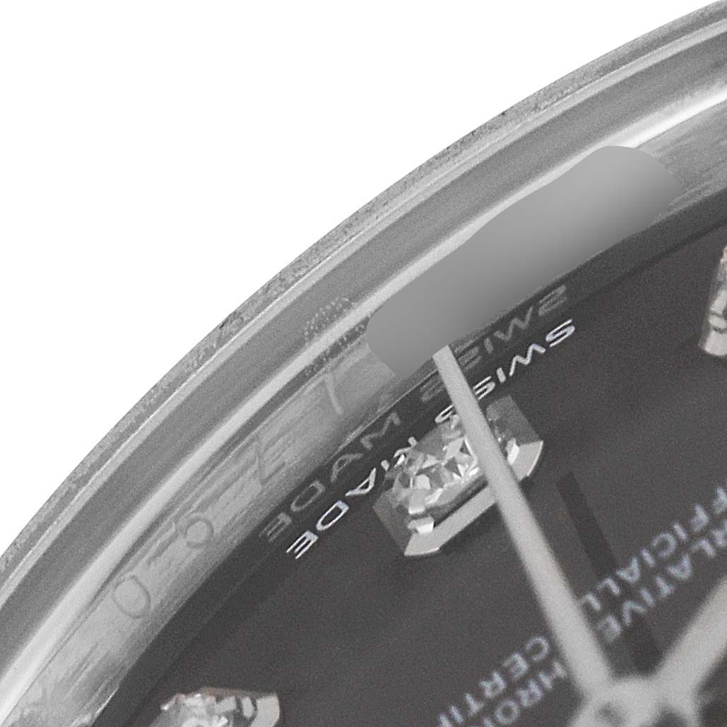 The image shows a close-up angle of the dial, bezel, and diamond markers of the Rolex Datejust 279384 Women's Stainless Steel Grey Dial 279384 Women's Stainless Steel Grey Dial model watch.